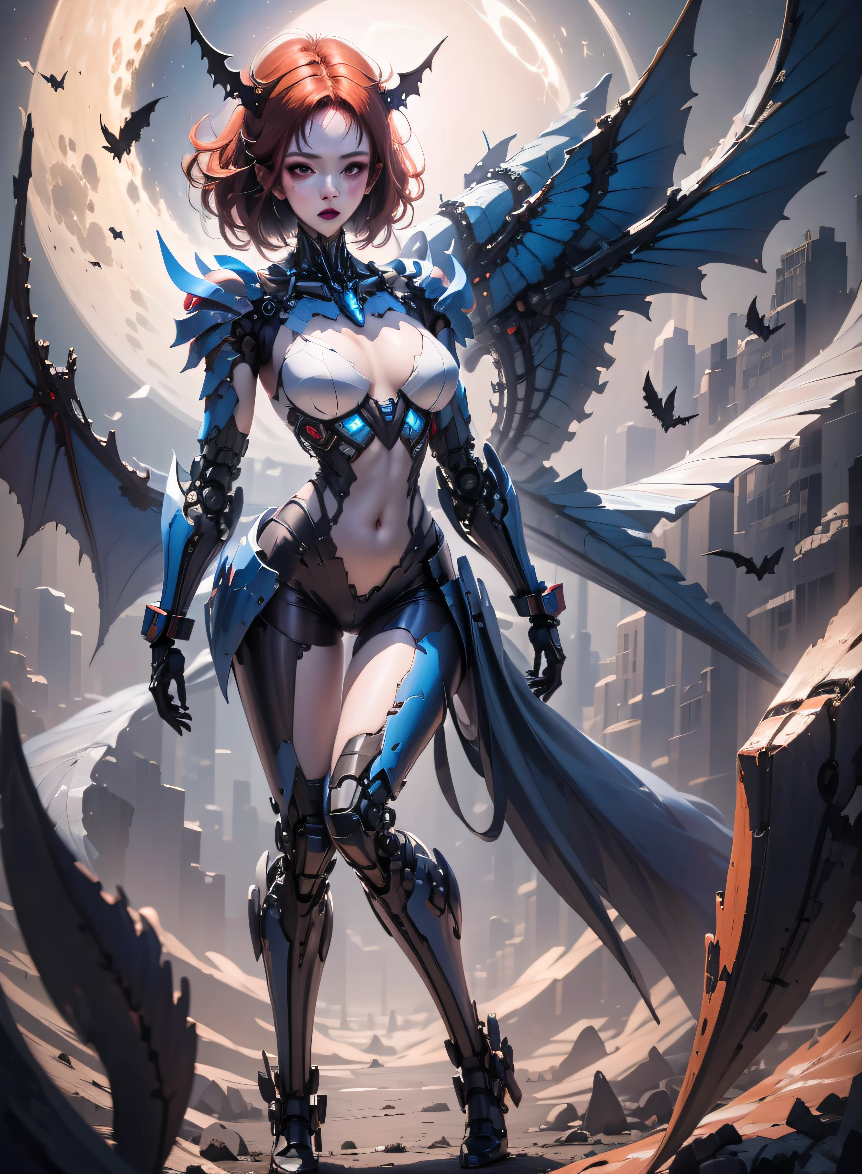 High definition (4k), Beautiful woman detailed defined body, red hair, full body sexy pose wearing batman cosplay, medium breasts, high tech blue uniform, cyberpunk, futuristic, scenery with night sky with clouds, moon, bats,