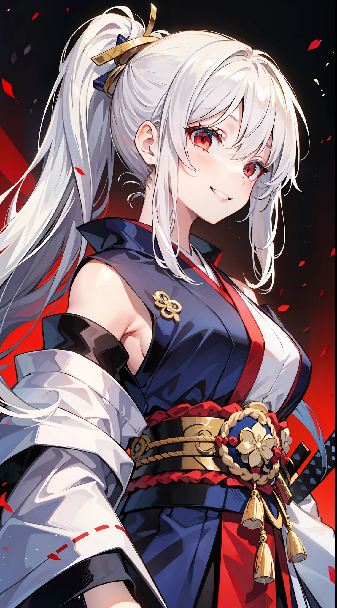 Young girl, long white hair, high ponytail, red eyes, blue sleeveless samurai kimono, smile, masterpiece, high quality