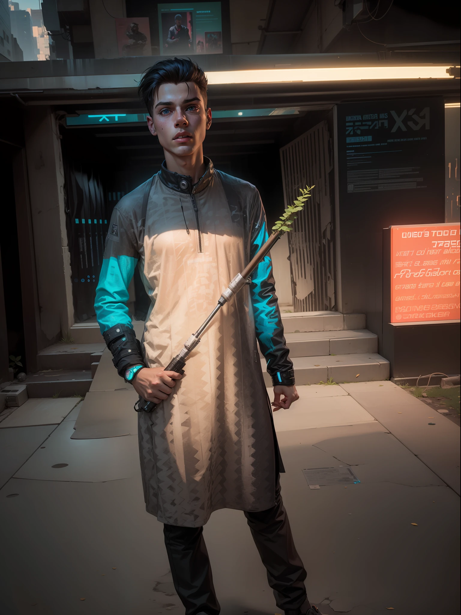 Cyberpunk look ultra realistic boy with sod