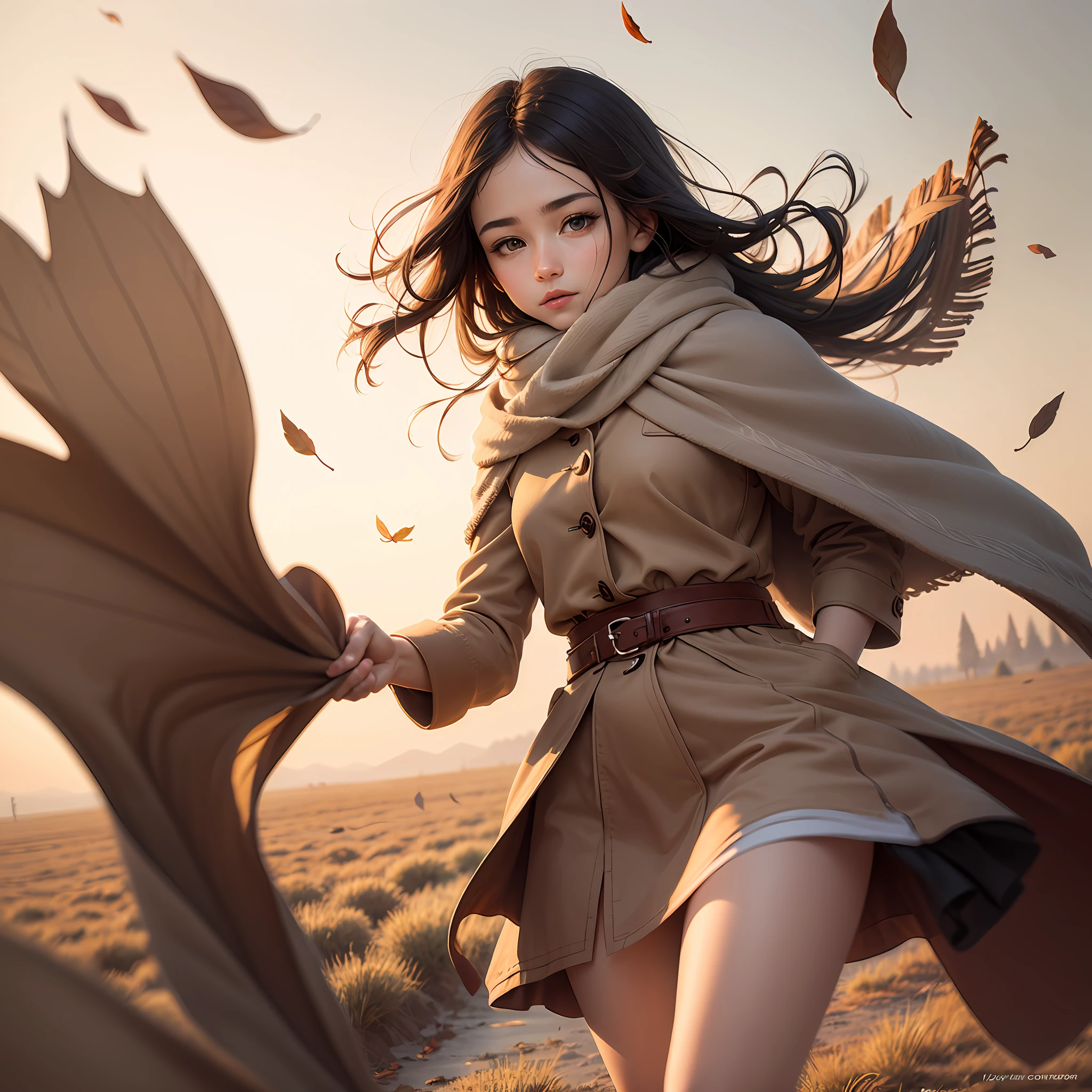 Book cover, winter leaves flying in the wind, sunny day, blurred background landscape, neutral colors and ancient sepia.
