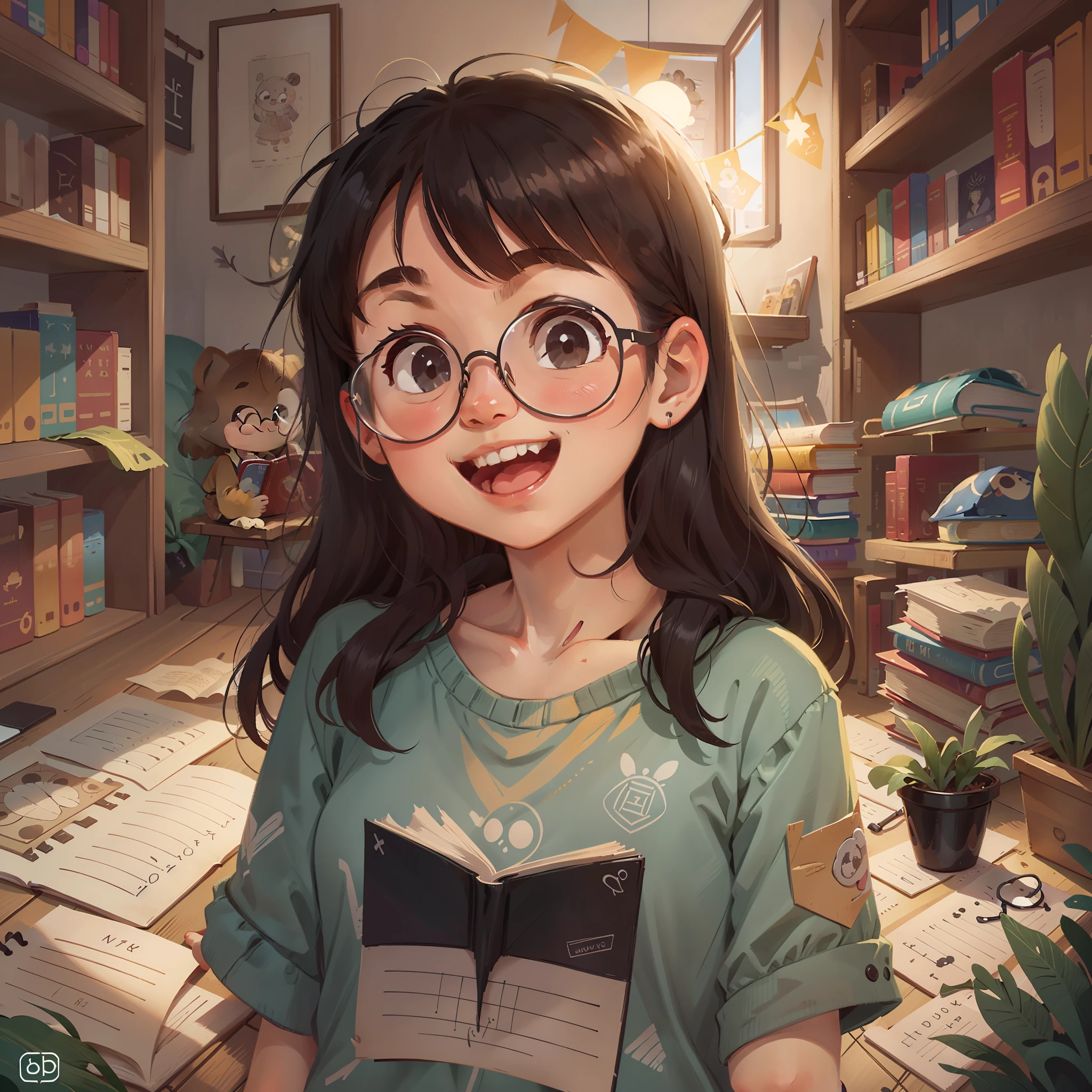 girl, black hair, eyeglasses, appeared cheerful, ultra detailed, children's drawing(((solo))) (((cover for ebook))) in a room with several shelves with books