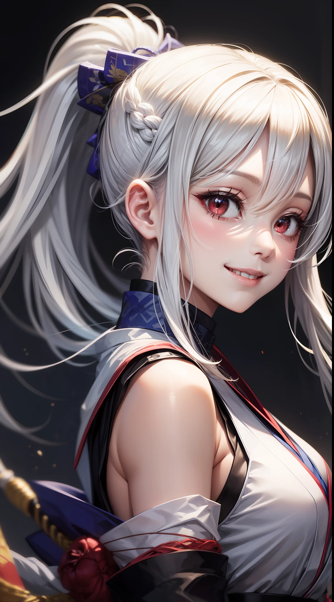 Young girl, long white hair, high ponytail, red eyes, blue sleeveless samurai kimono, smile, masterpiece, high quality