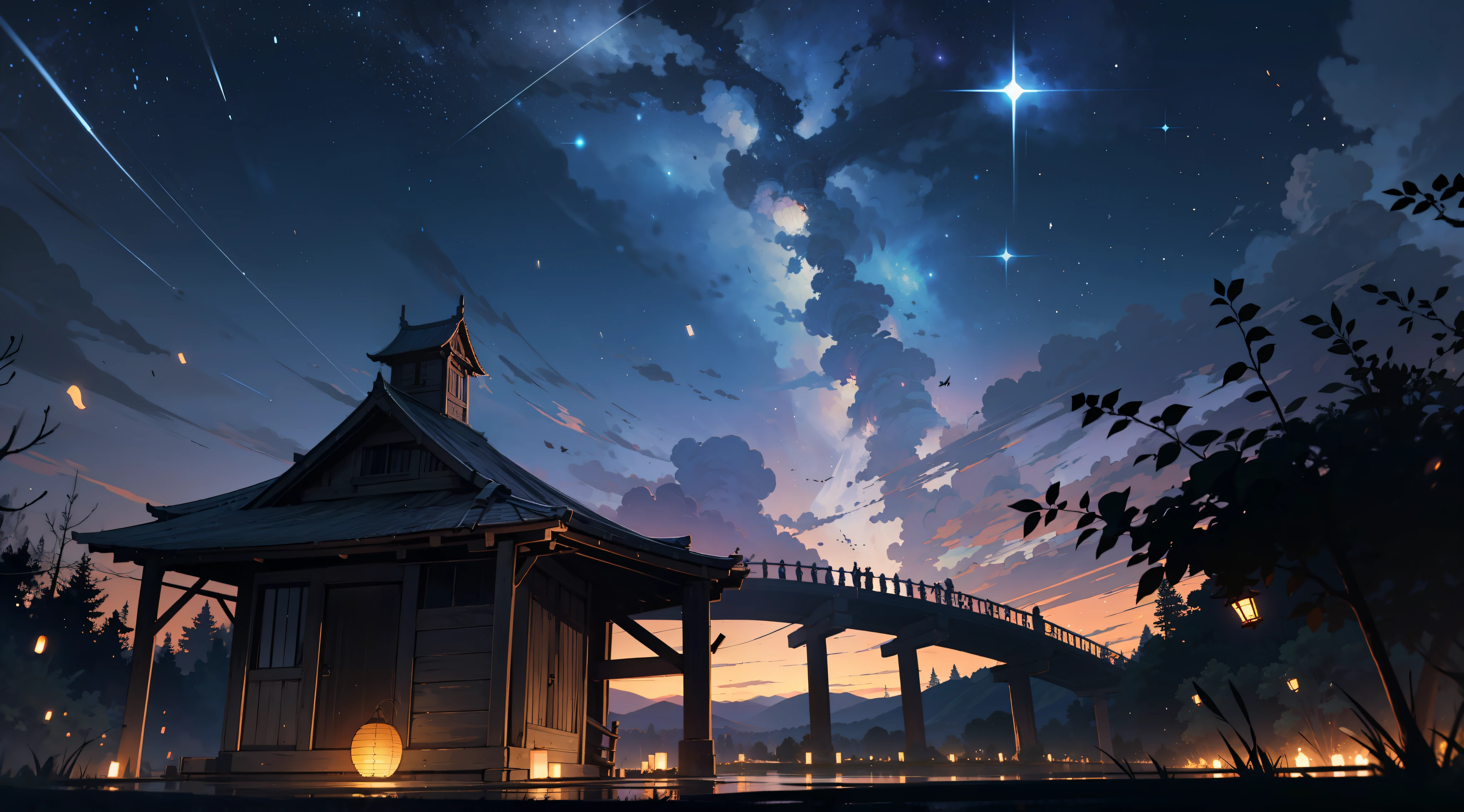On a broken wooden bridge , night time , fireflies , dark , mystery , magical , mystery sky  , lights , floading lantern , starry night sky ,