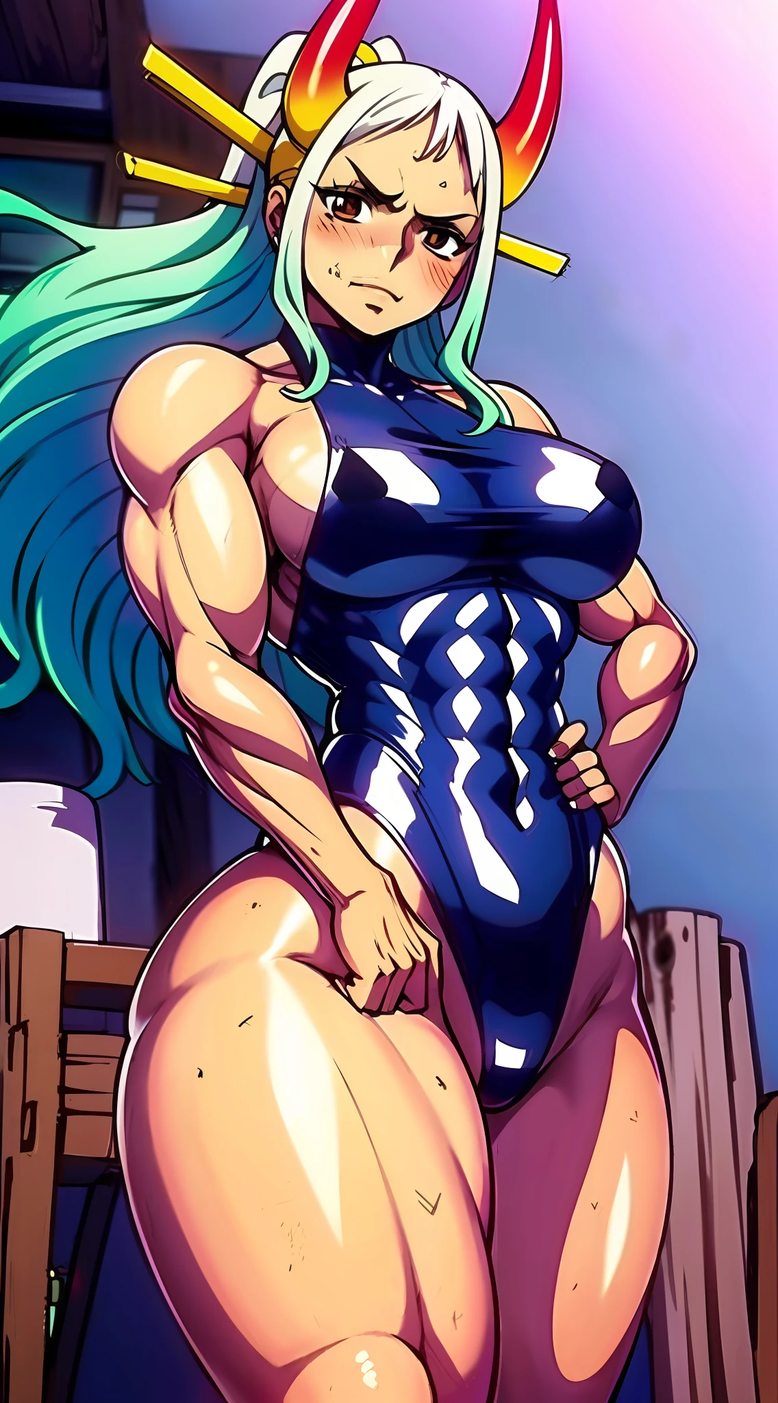 1 girl, anime girl, best quality, bodybuilding, muscle, big, wallpaper, hotel, blush, side visible pose, seductive, cyberpunk suit, oni,