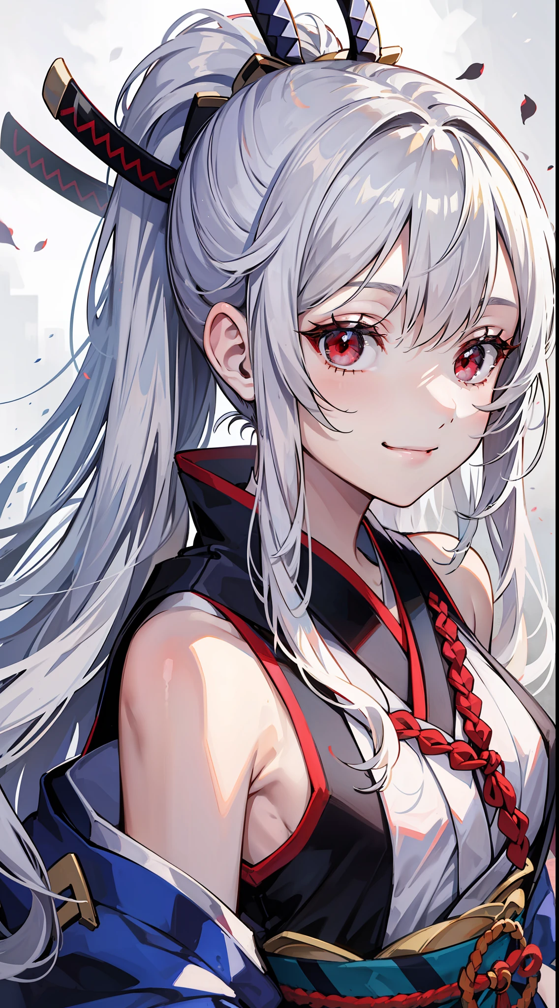 Young girl, long white hair, high ponytail, red eyes, blue sleeveless samurai kimono, smile, masterpiece, high quality