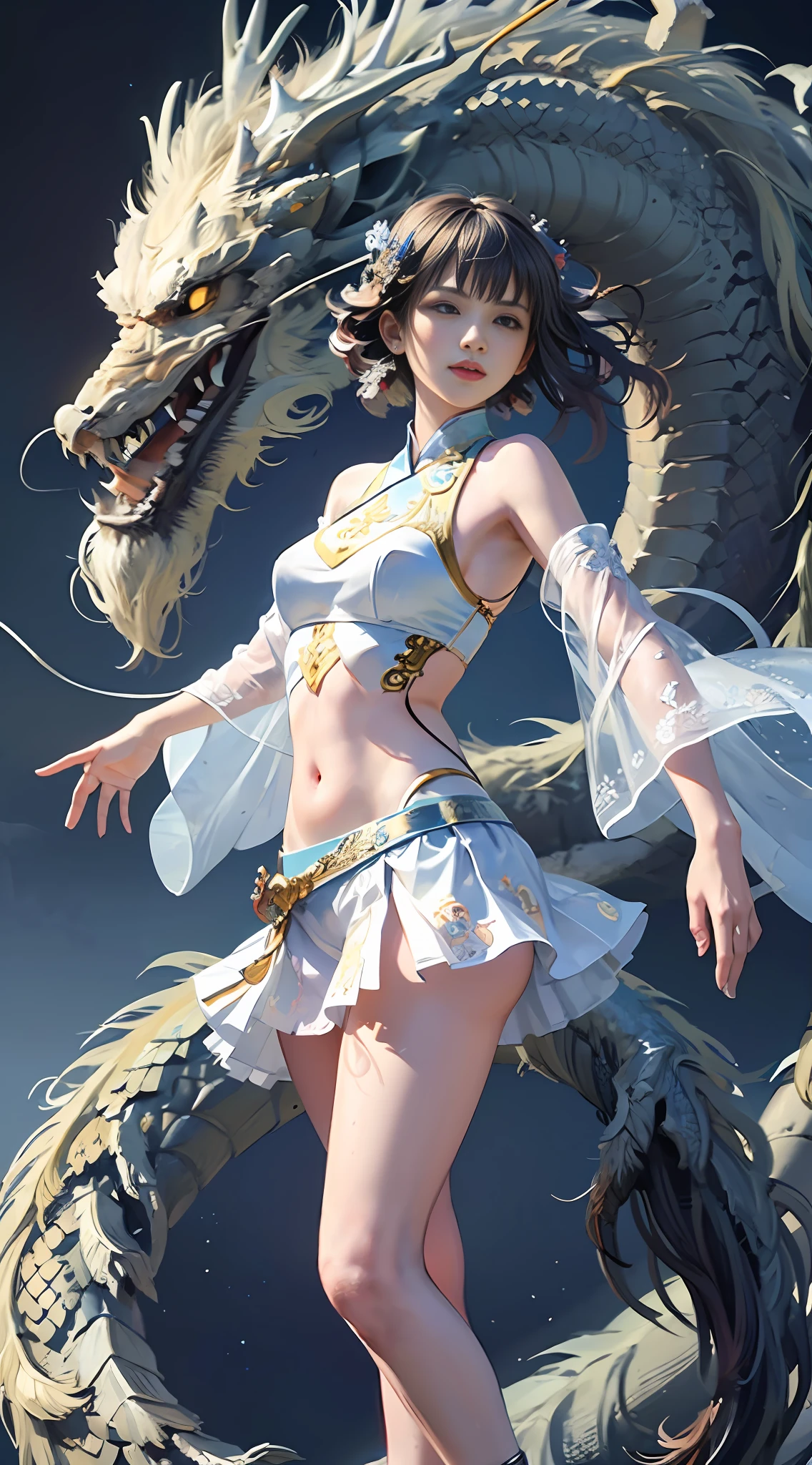 Official Art, Unified 8K Wallpapers, Ultra Detailed, Beautiful and Aesthetic, Masterpiece, Best Quality, (Zentangle, Tangle, Entangle), (fractal art: 1.4), (character center: 1.3), 1girl, black hair, Chinese, off-the-shoulders, short skirt, calf, navel, very detailed, dynamic angle, cowboyshot, (most beautiful form of chaos), ethereal, (bright colors), oc, (half: 1.2), china, (thangka flying sky: 1.5), (ribbon: 1.3), (dream: 1.5), (hanfu: 1.5), Chinese dragon, Chinese phoenix, (smile: 0.5), ( Chinese deities),