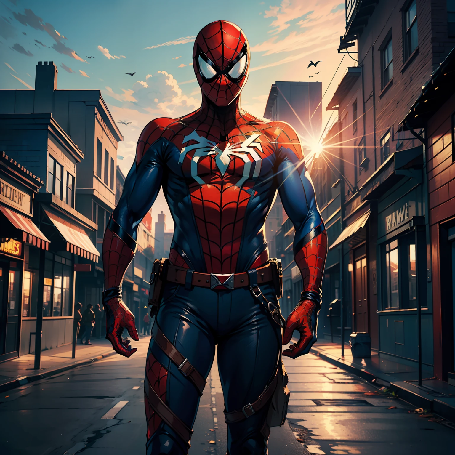 (full frame) photo of spiderman as cowboy, standing on in the middle of a wild west town, (daylight), (sun), (intricate details), hdr, (intricate details, hyperdetailed:1.2), cinematic shot, (centered)