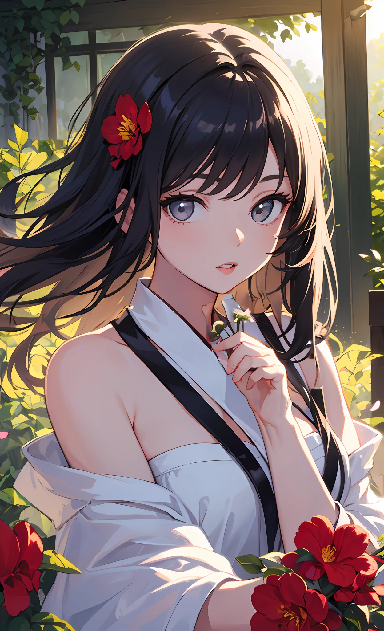 Holding a bouquet of flowers in his left hand