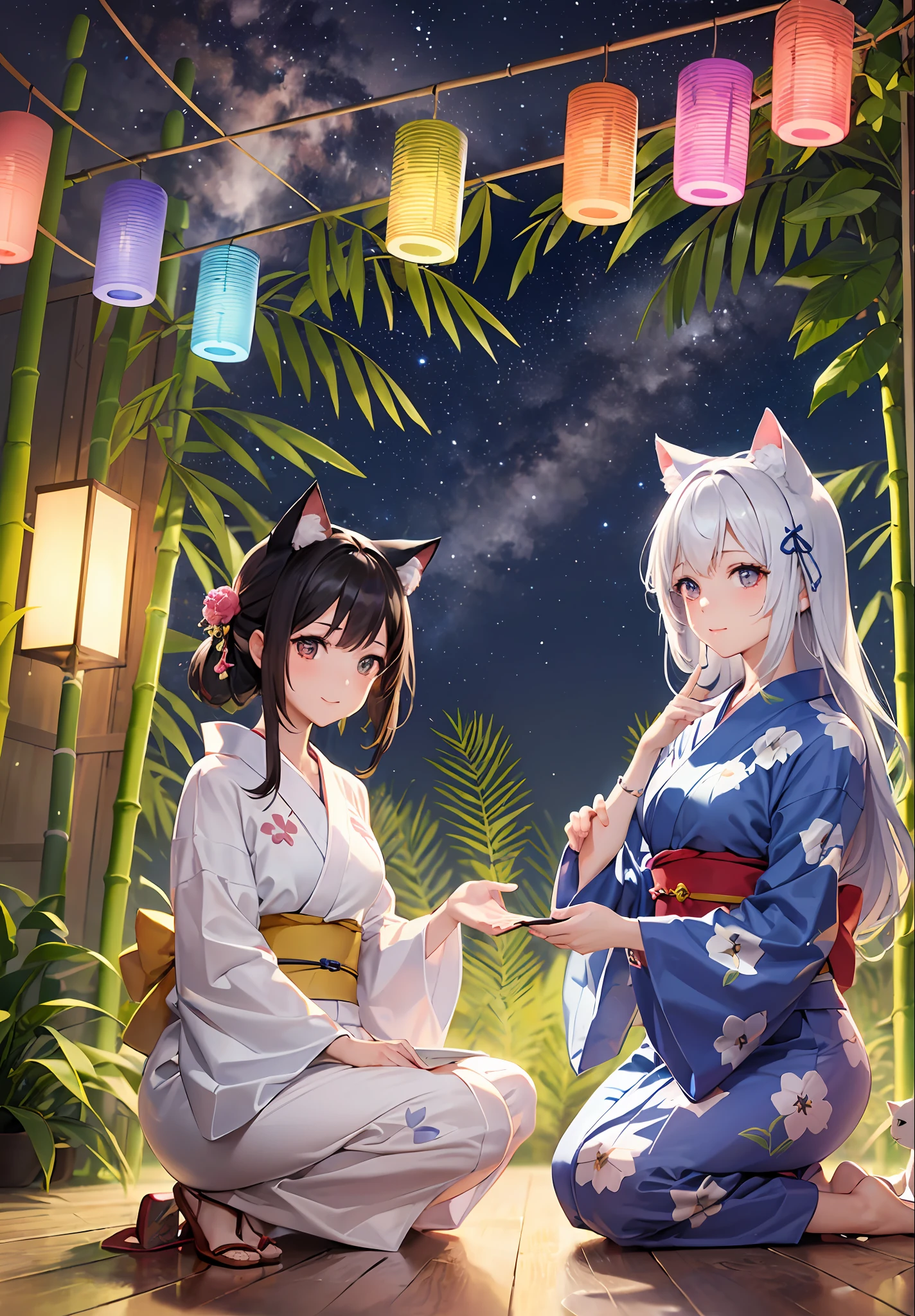absurdres, highres, ultra detailed,light diffusion,highly detailed light reflection, harmonious, best shadow,
BREAK,
(2 girls:1.3),(Jovial:1.1), kawaii,conceptual art,(cat ear fluff,Lop ear:1.2),flowing hair,
(cute pattern yukata,Cotton yukata:1.1),(night sky), (starry atmosphere), (Milky Way):1.3
BREAK
(bamboo grass):1.3, (Tanabata decorations):1.1,the Star Festival
, (bamboo trees decorated with colorful pieces of paper,lots of strip of papers,Tanzaku,hanged piece of papers on bamboo trees,hanged strip of papers on bamboo branches):1.5