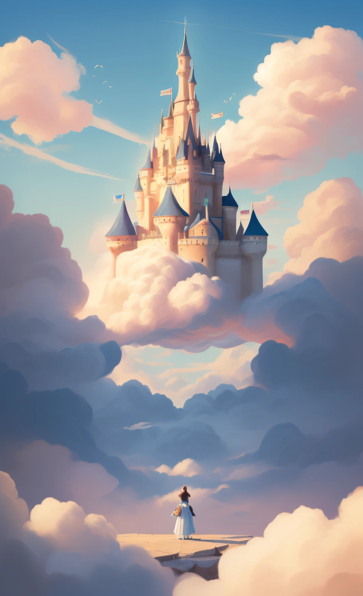 There is a woman standing on the platform in front of the castle, Flying Cloud Castle, Castle Made of Clouds, Castle in Clouds, Cloud Palace, Sky Style Castle, Castle in the Sky, Palace in the Sky, Flying Castle, Abandoned Castle in the Sky, Lying on the White Cloud Wonderland, On the Clouds, Dream Castle