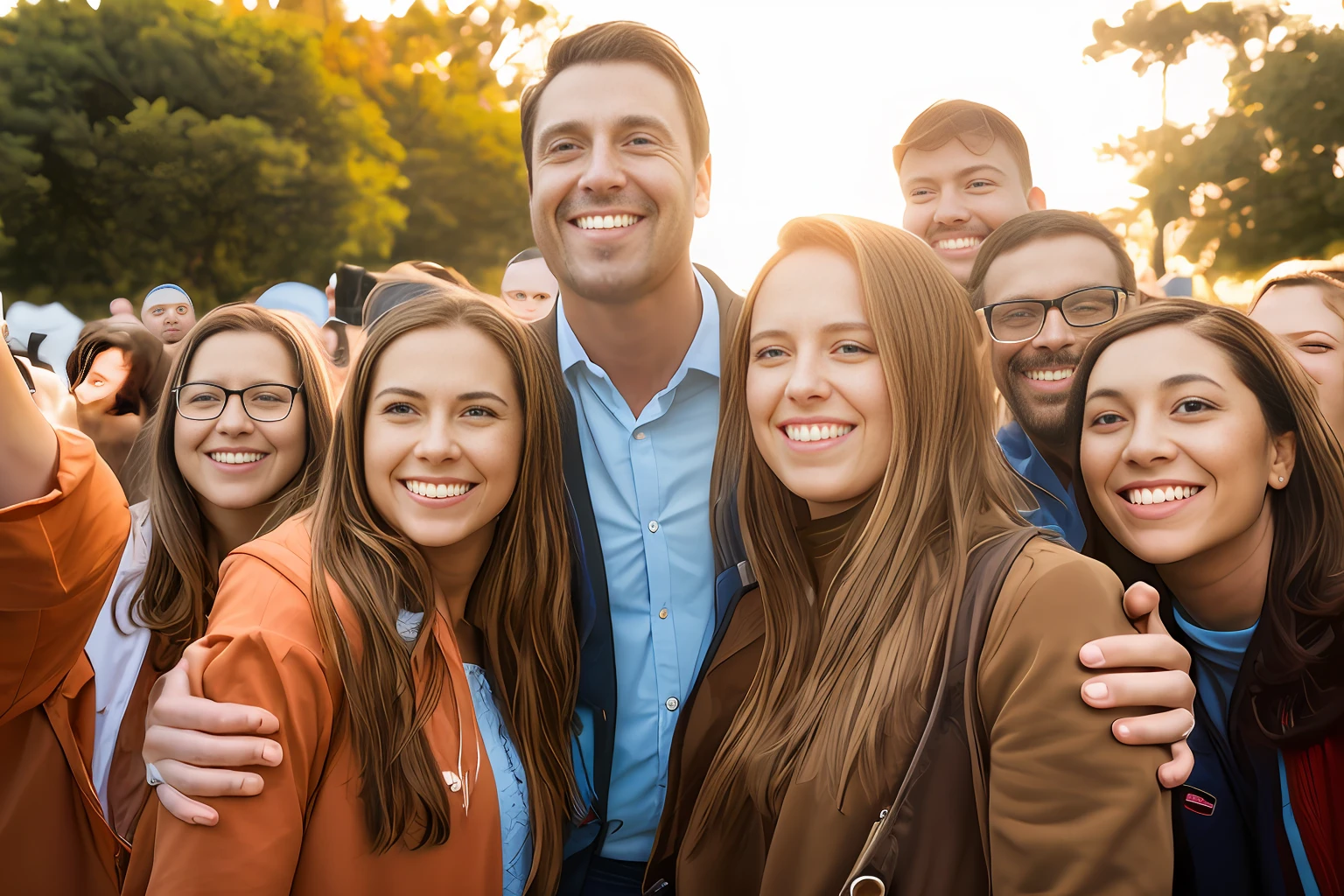 smiling people taking a picture with a man taking a picture with a camera