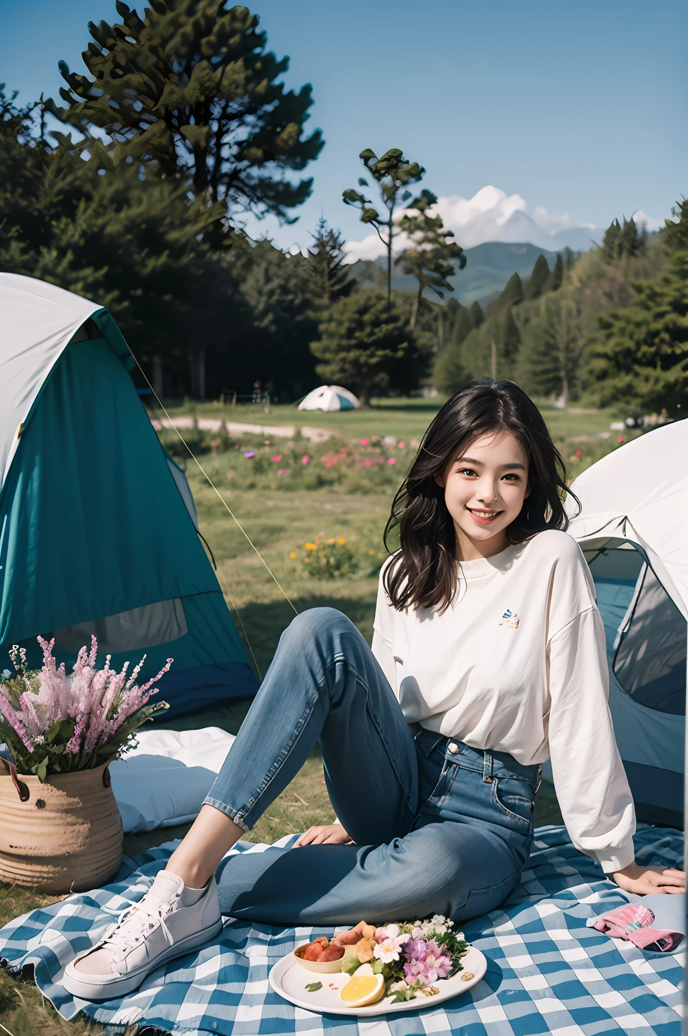 ((Super sweet smile)), a girl, sitting on picnic mat, camping tent, picnic, field style, blue sky, photo shoot, full of flowers
