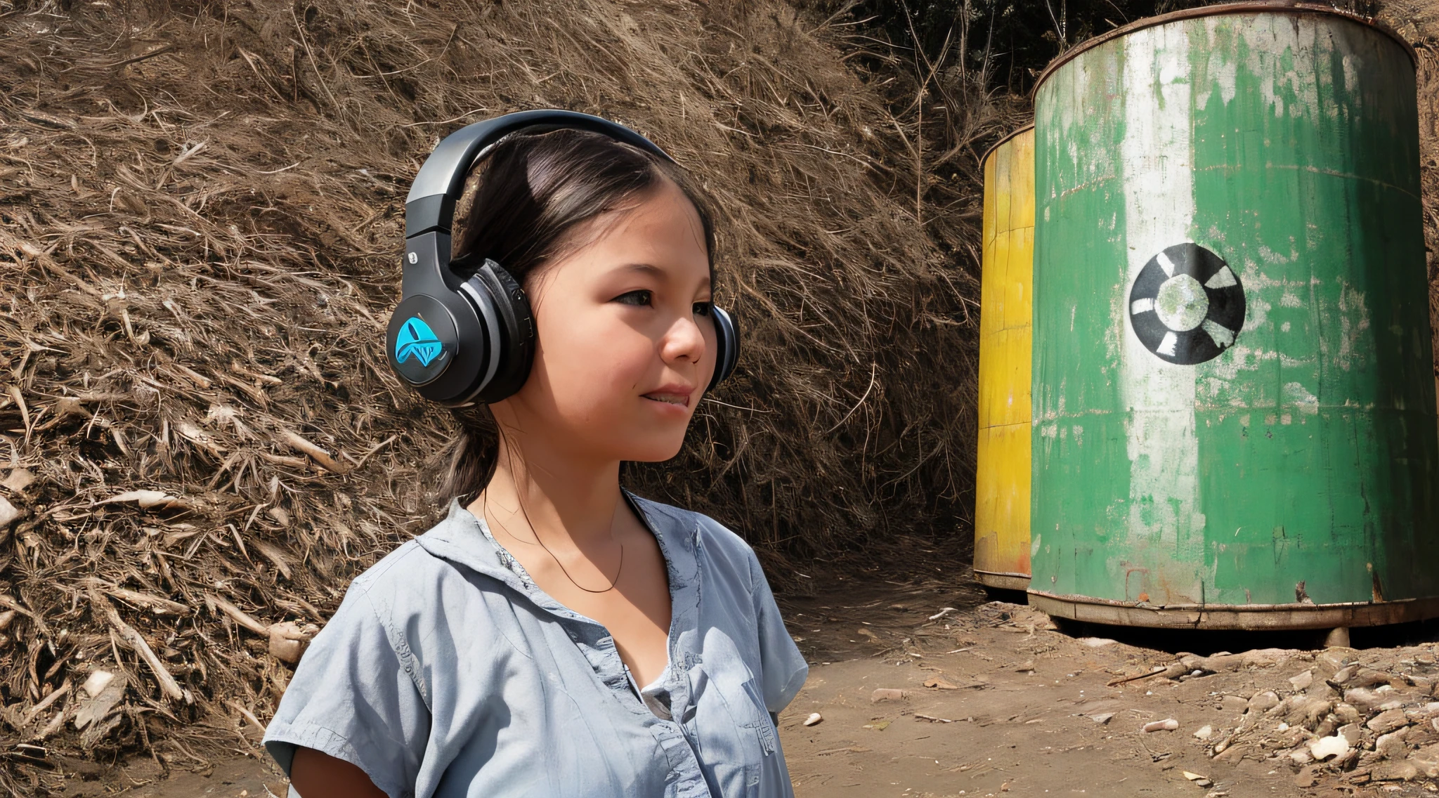GIRL CHILD 8 YEARS OLD BLONDE HAIR, LONG, CLOSE UP, RUSSIAN STYLE HEADPHONES, BLACK FUR COAT, a closeup of a large pile of yellow barrels with radioactive symbols, nuclear waste, radioactive wastelands, toxic waste, radioactive particles, nuclear wastelands, radioactive, uranium, nuclear, nuclear fallout, post-nuclear, nuclear fashion, post-nuclear fallout,  nuclear energy, future of nuclear energy, nuclear, nuclear art, nuclear reactor, nuclear energy, radiation, toxicity, contaminated