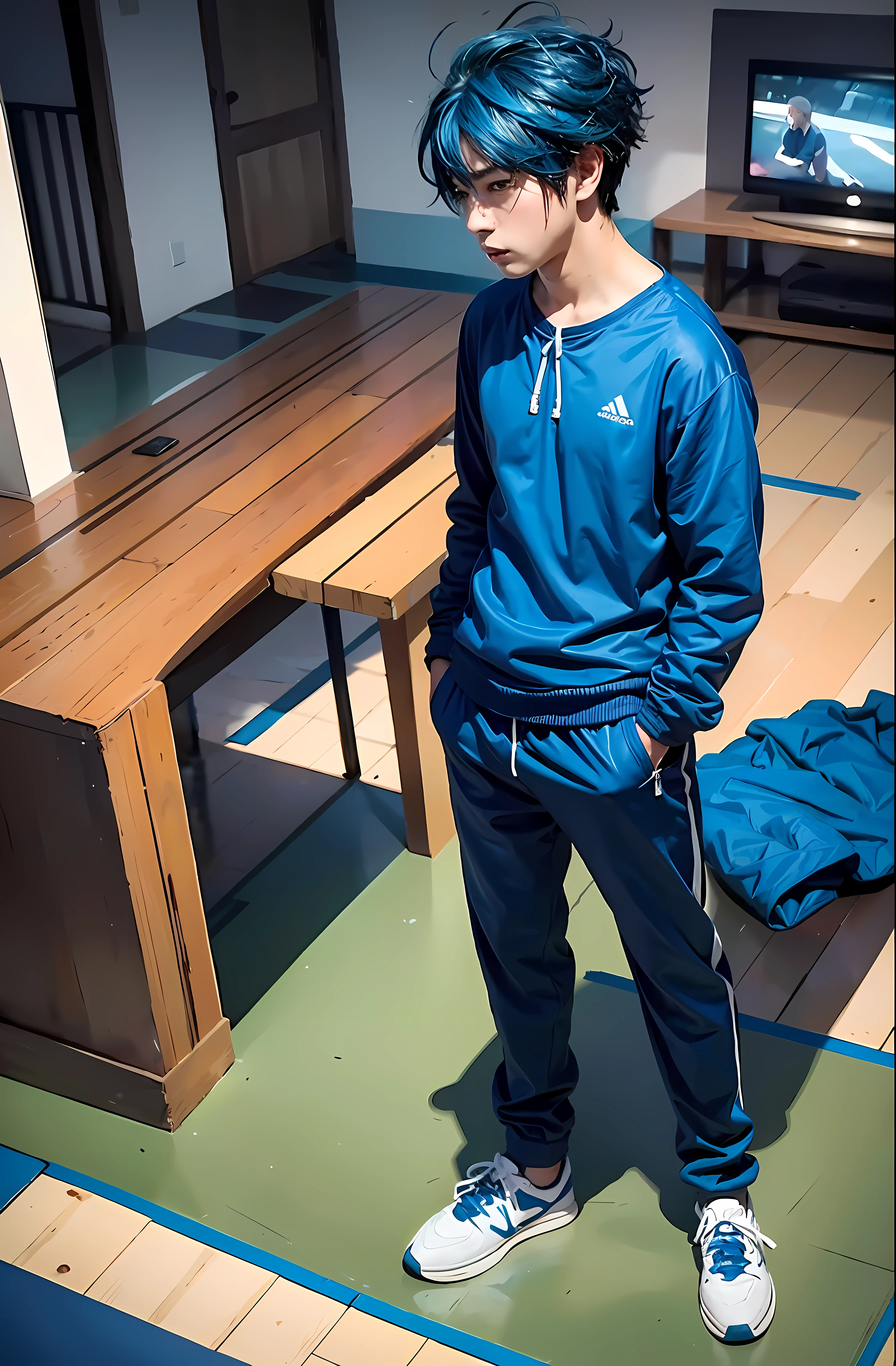 anime boy in blue tracksuit standing in a room with a tv, wearing a tracksuit, realistic artstyle, painted in anime painter studio, wearing a track suit, made with anime painter studio, wearing track and field suit, digital anime illustration, [ digital art ]!!, blue clothes, kentaro miura manga art style, 2d illustration, 2 d illustration