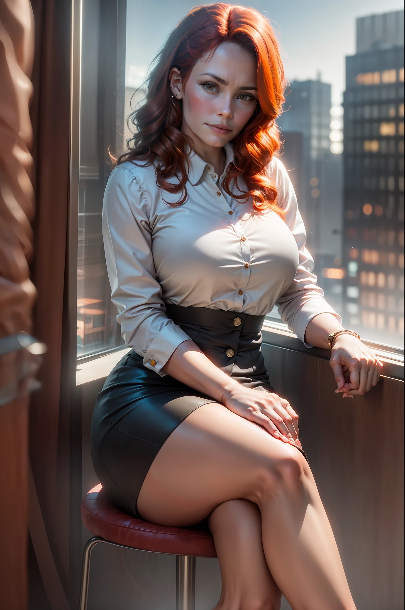 DriJen, 28 years old, office clothes, white dress shirt, rolled up to the forearm, black skirt, office with window in the background, sexy, coppery red hair, medium hair, natural medium breasts, ((hourglass figure)), ((coppery red hair)), light brown eyes, (looking at the camera), intricate details, light eyes, natural light, beautiful face, unbelievable intricate details, dark shadows, (office illuminated by daylight), real lighting, volumetric lighting, (ultra skin texture) realistic, best quality, photorealistic 8k, best quality, masterpiece, realistic, photorealistic, full body, crossed legs, medium hair, 28 years old.