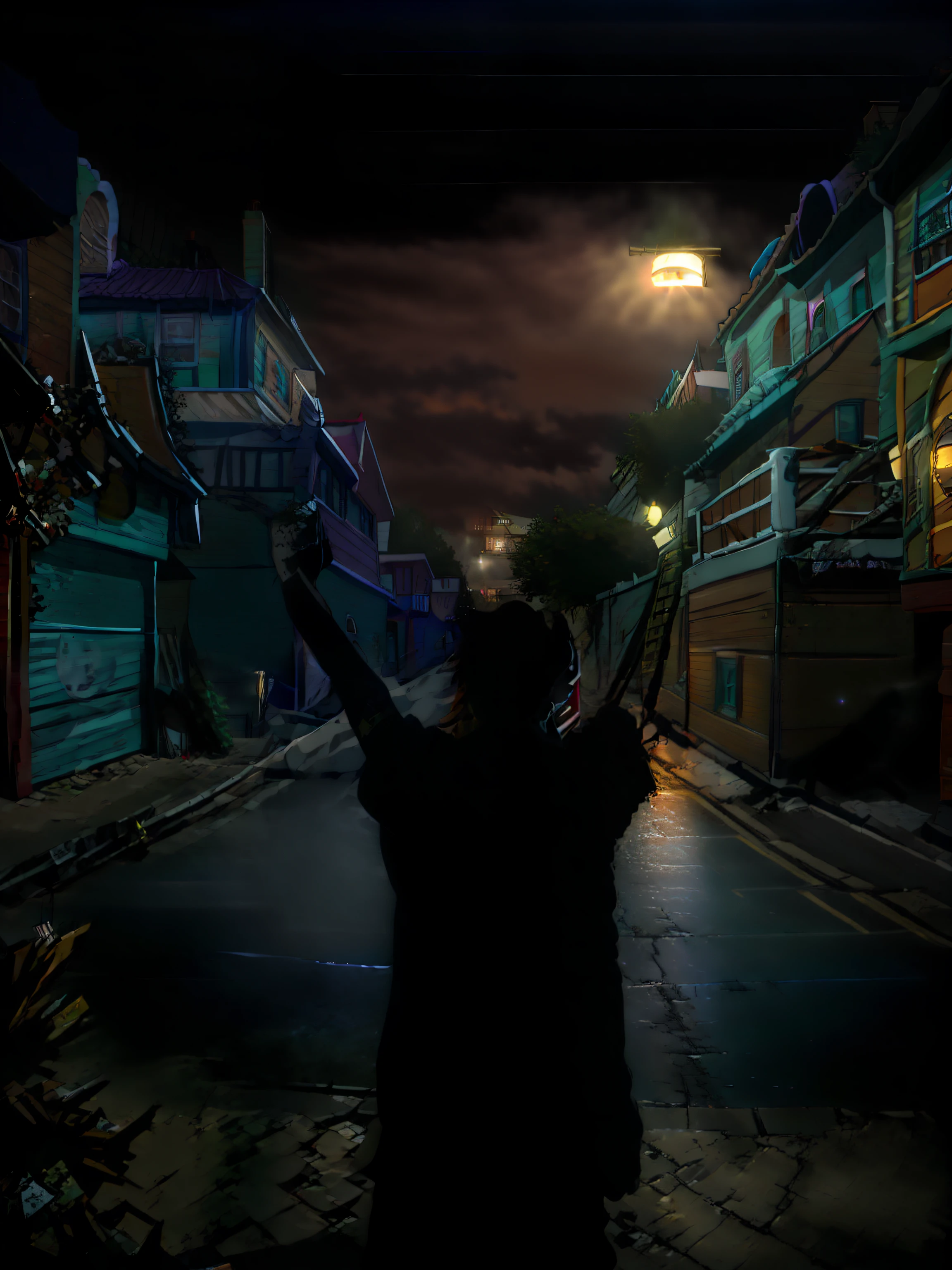 A 13-year-old in black clothes at night on the street