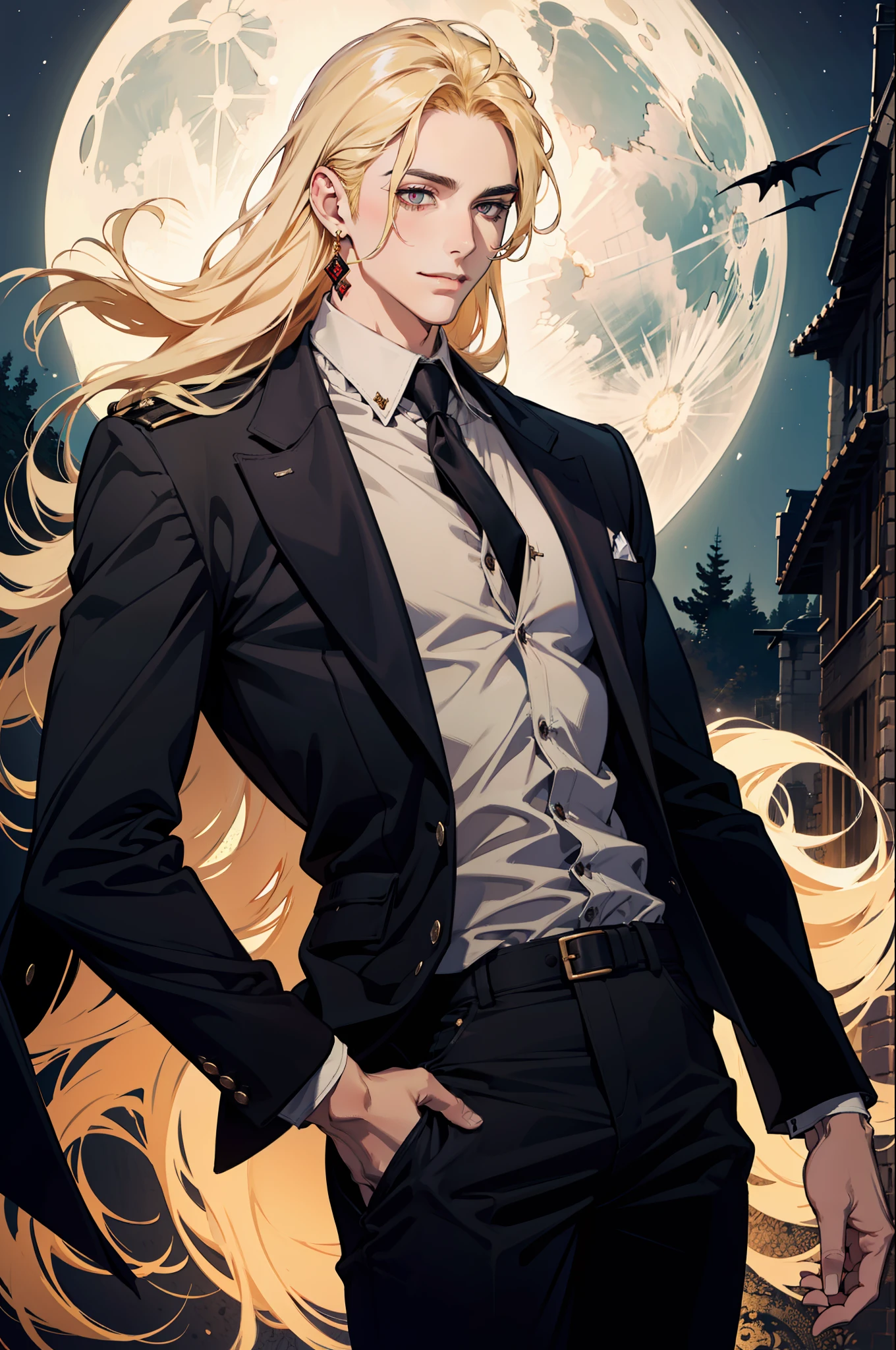 (absurdres, highres, ultra detailed), 1man, 30 years old man, adult man, handsome, tall,, finely detailed eyes and detailed face, brown leather pants, white shirt, night, smile, dutch angle, ((long hair, blonde hair)), moon, gold details, earrings, gothic, vampire, vampire prince, dark, simple clothes, looking at the view, pale skin, red detailed eyes, (masculine), sexy, elegant, long bangs