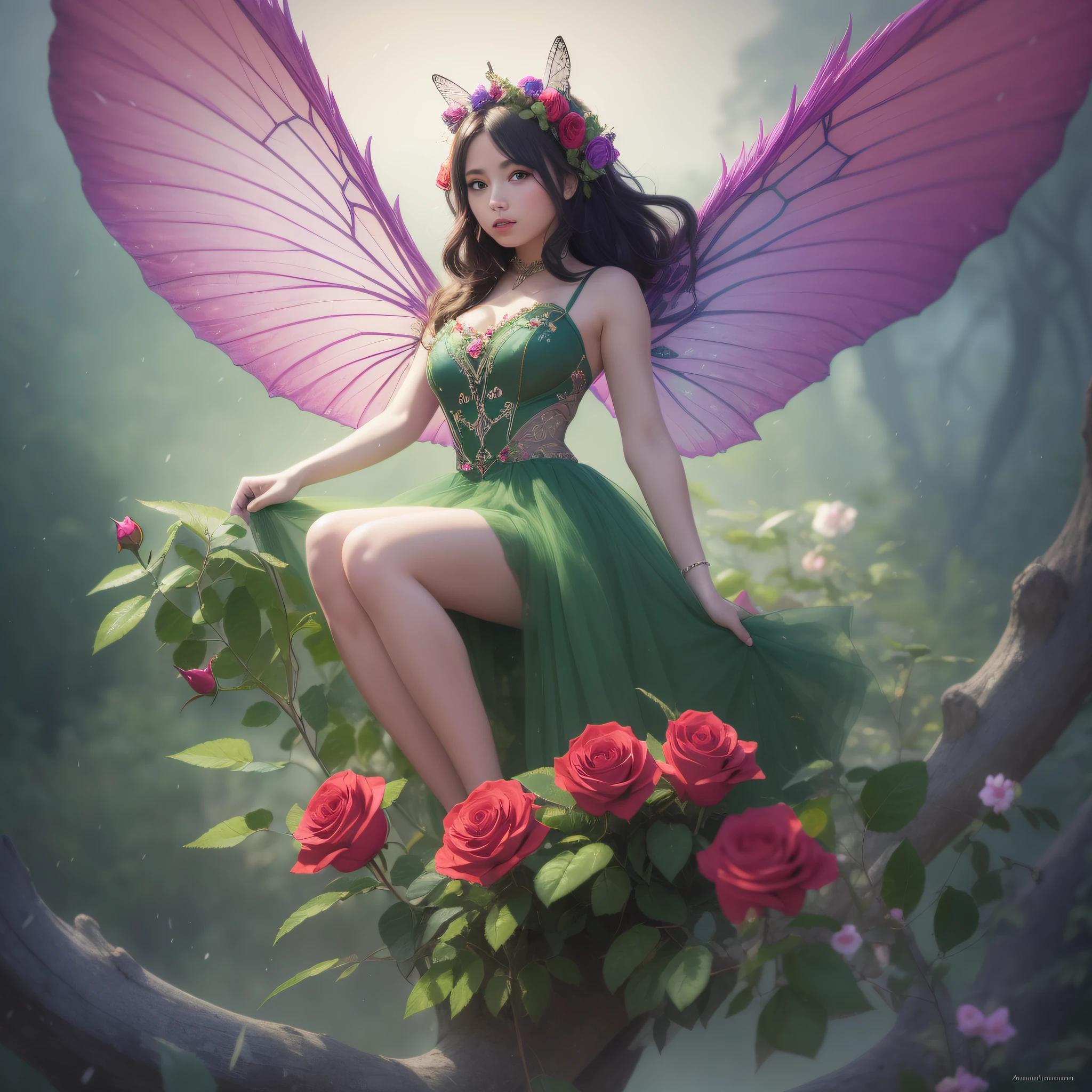 Pretty fairy perched on a giant rose, dressed in a **** dress.  Digital painting, artstation, concept art, soft focus, sharp, illustration. (very colorful:1.3)