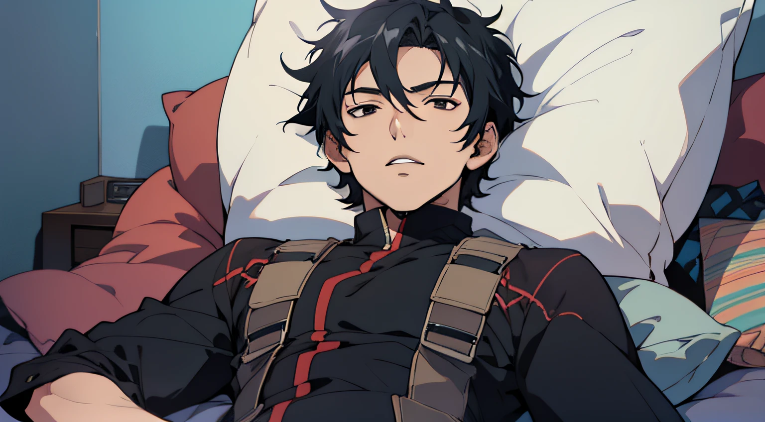 ((Best Quality: 1.0), (Ultra High Resolution: 1.0)), anime style, boy with short black hair, black eyes, lying flat on bed, eyes open