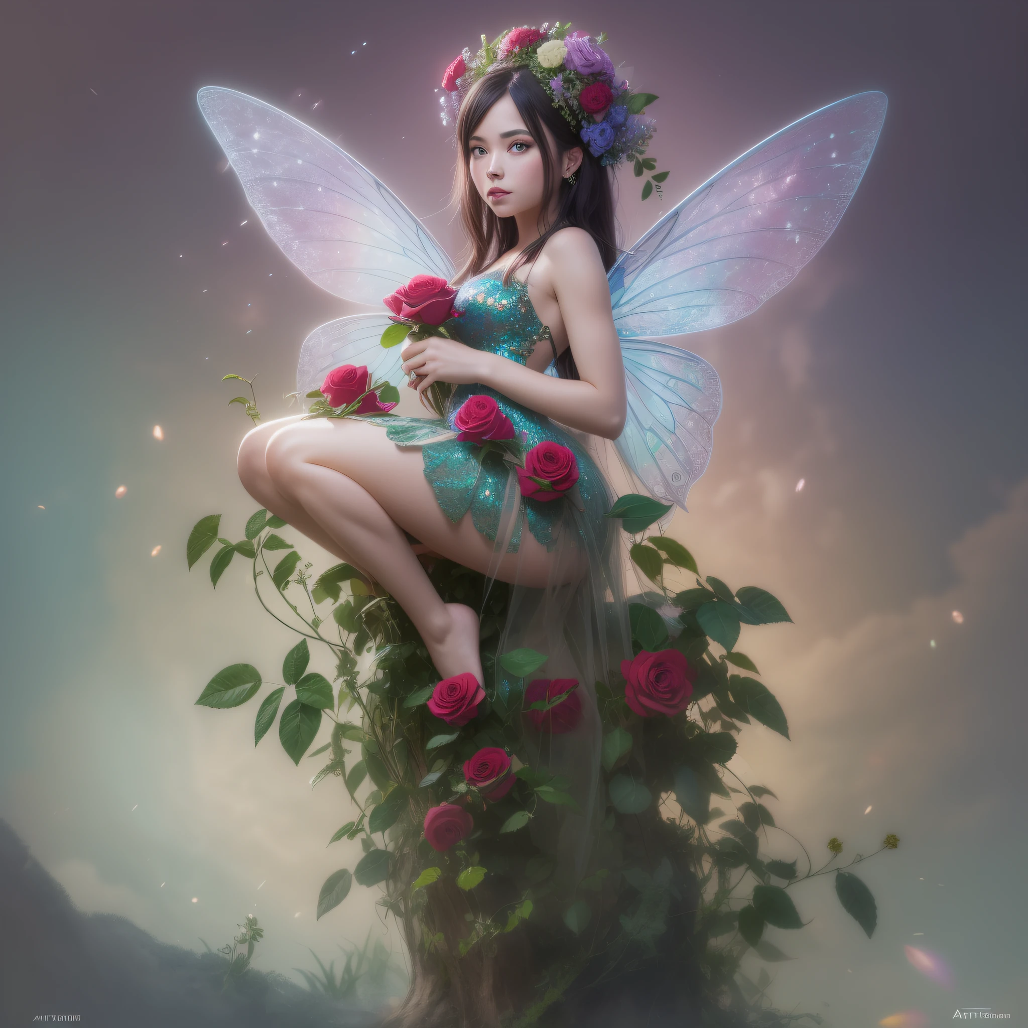 Pretty fairy perched on a giant rose, dressed in a **** dress.  Digital painting, artstation, concept art, soft focus, sharp, illustration. (very colorful:1.3)