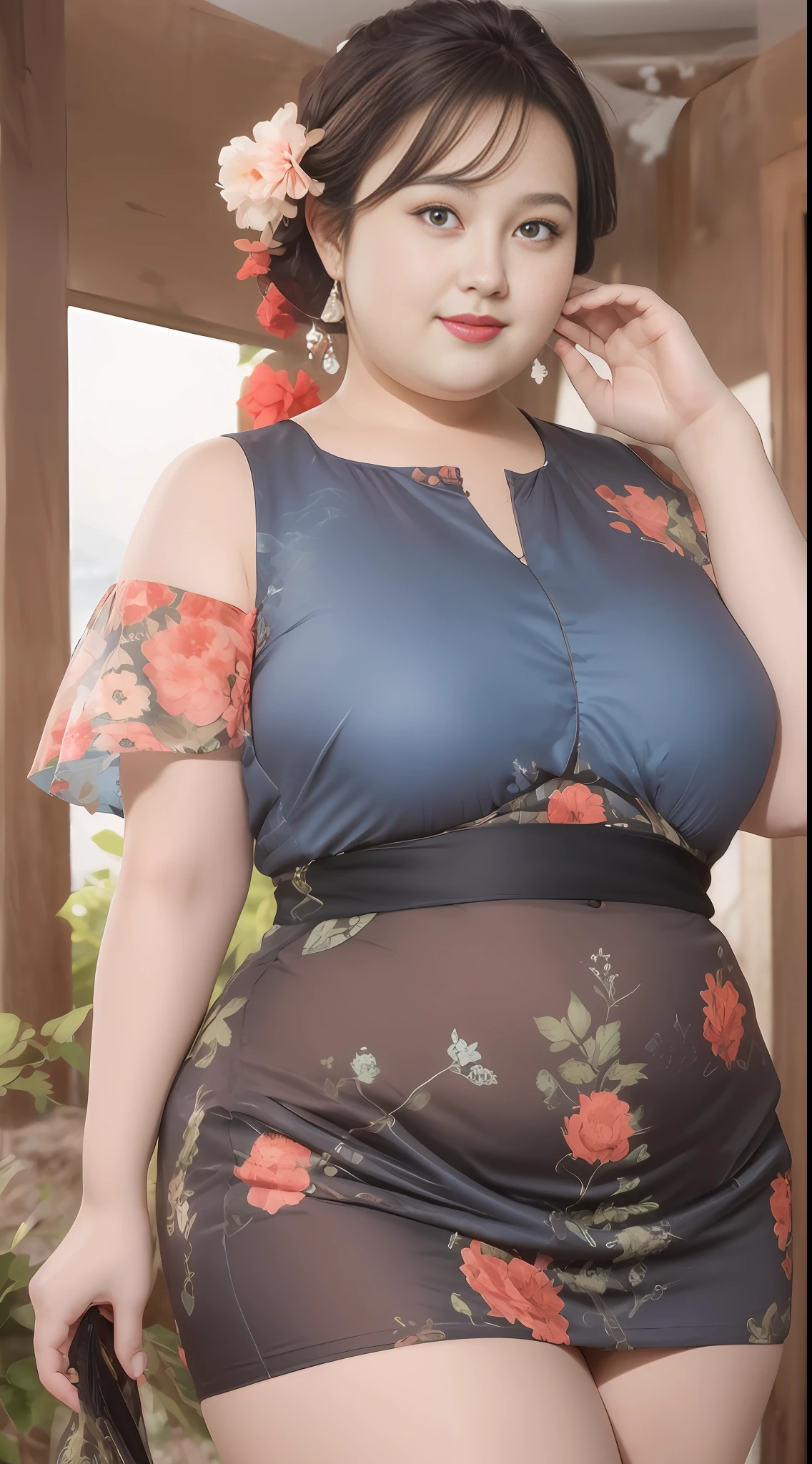 Chubby plus-size figure, height 180cm, colorful short-sleeved short skirt, sleeveless, red, flower