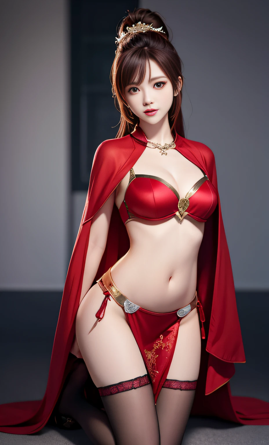 Best Full Body Quality, Masterpiece, High Resolution, 1 Girl, Ancient Armor, Red Metal Bikini, Cape, Chest Pattern, Red Hair, Single Ponytail, Hair Accessory, Necklace, Jewelry, Beautiful Face, upon_body, Belly Exposed, Arms Exposed, Tyndall Effect, Stockings, Realistic, Dark Studio, Edge Lighting, Two-tone Lighting, (High Detail Skin: 1.2), 8K Ultra HD, DSLR, Soft Lighting, High Quality, Volume Lighting, Frank, Photos, High Resolution, 4K, 8k, Yang Mi, kneeling position, lace stockings