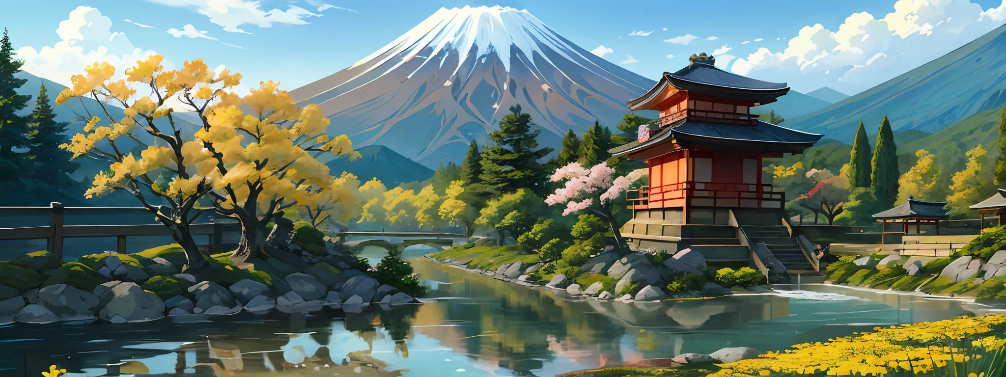 Nikko, Garden, Pavilion, Kobashi Flowing Water, Japanese Style, Mt. Fuji, Anime Effect, Art Effect, Super Meticulous, Summer Time, Small Yellow Flowers, Meticulous,