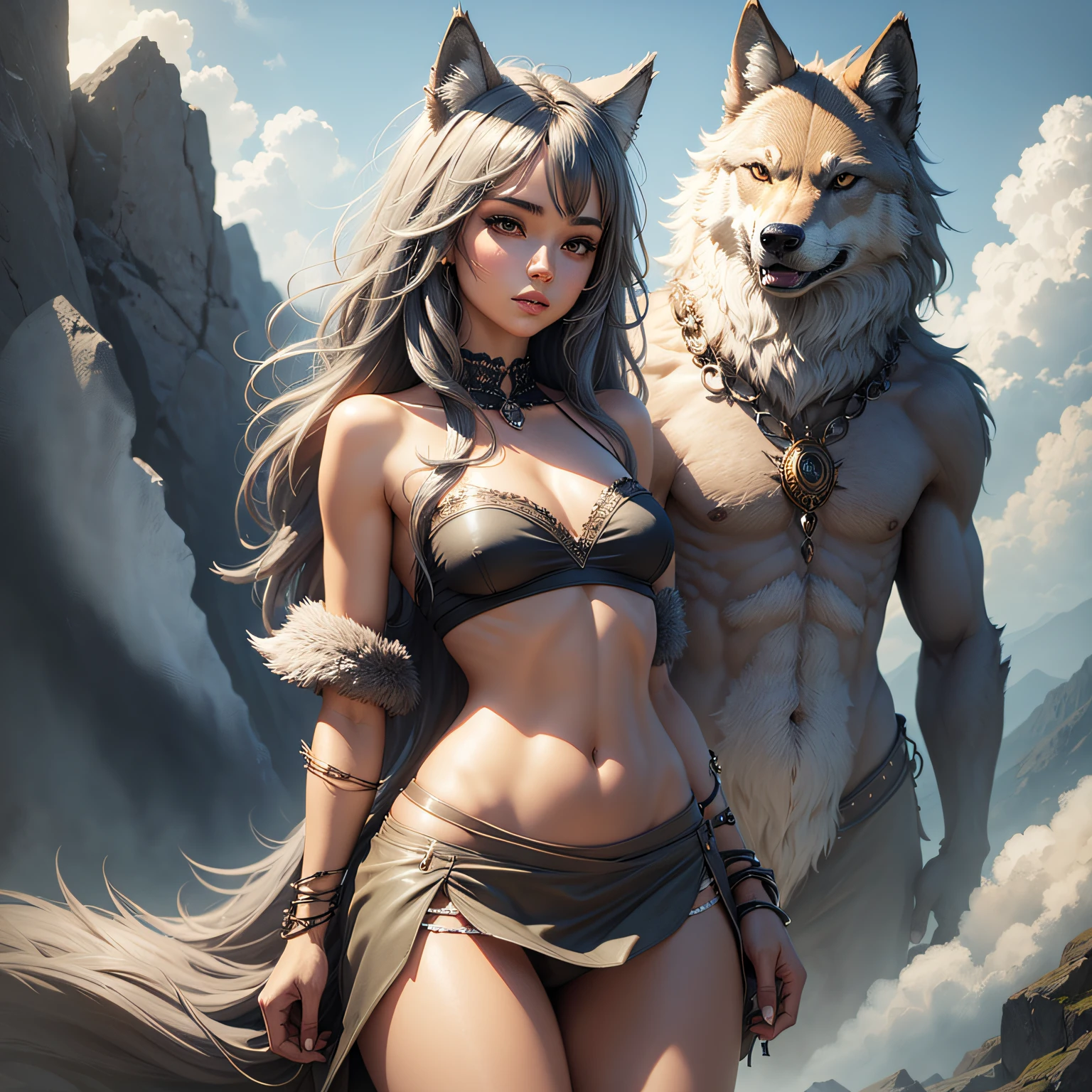 1 woman, 25 years old, solo, ((adult woman)), ((wolf girl)), white hair, ((evil grin)), (evil smirk), grin, sharp teeth, open mouth, long hair, two long ponytail, makeup, eye shadow, ((muscular woman)), ((abs)), animal ears, wolf ears, fluffy ears, fluffy wolf tail, large tail, underboob, sexy bra, sexy panties, short panties, short bra, hands from back, breasts, thighhighs, standing on snow, ((covered, (cameltoe), elastic thighs, elastic breasts, large breasts, barefoot, large ass, looking at moon, outdoors, object\(big red moon), bare shoulders, bare arms, snow, snow trees on background, night, ((sexy demon tattoo)), upper body --auto