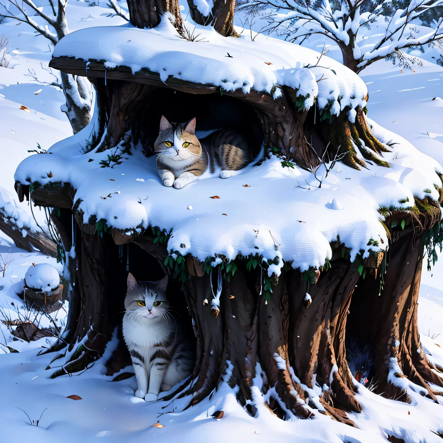 A fluffy cat sits near the roots of a tree on the side of a mountain --auto