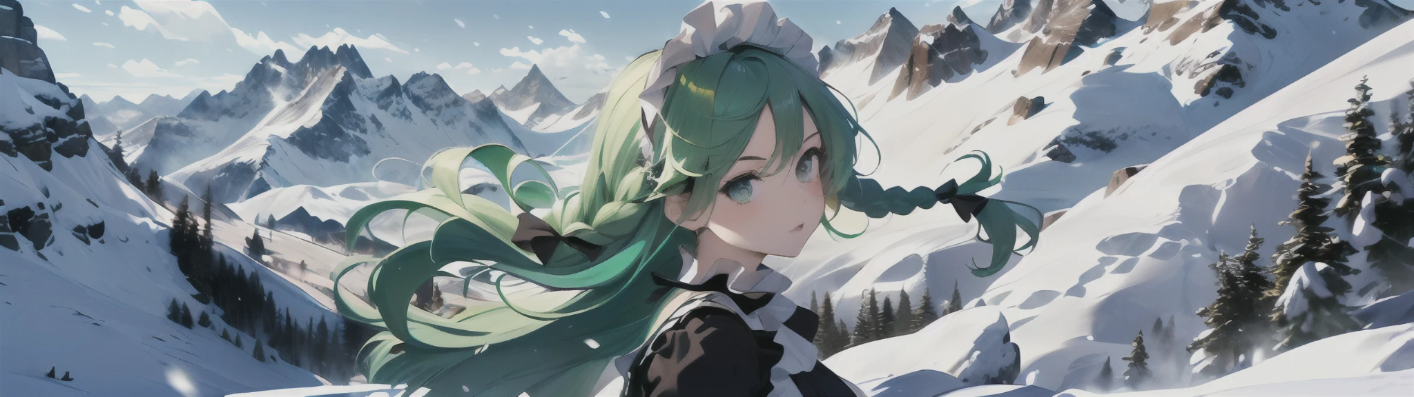 ((Ultra High Quality), (Ultra High Definition), (Masterpiece), Dual Display Wallpaper, (Girl with Green Hair in Braids: 1.3), Black Maid Outfit, Fluttering in the Wind, 140cm tall, Beautiful Eyes, (((View) Alpine Peak), Strong Wind, Snowstorm, Cowboy Shot)
