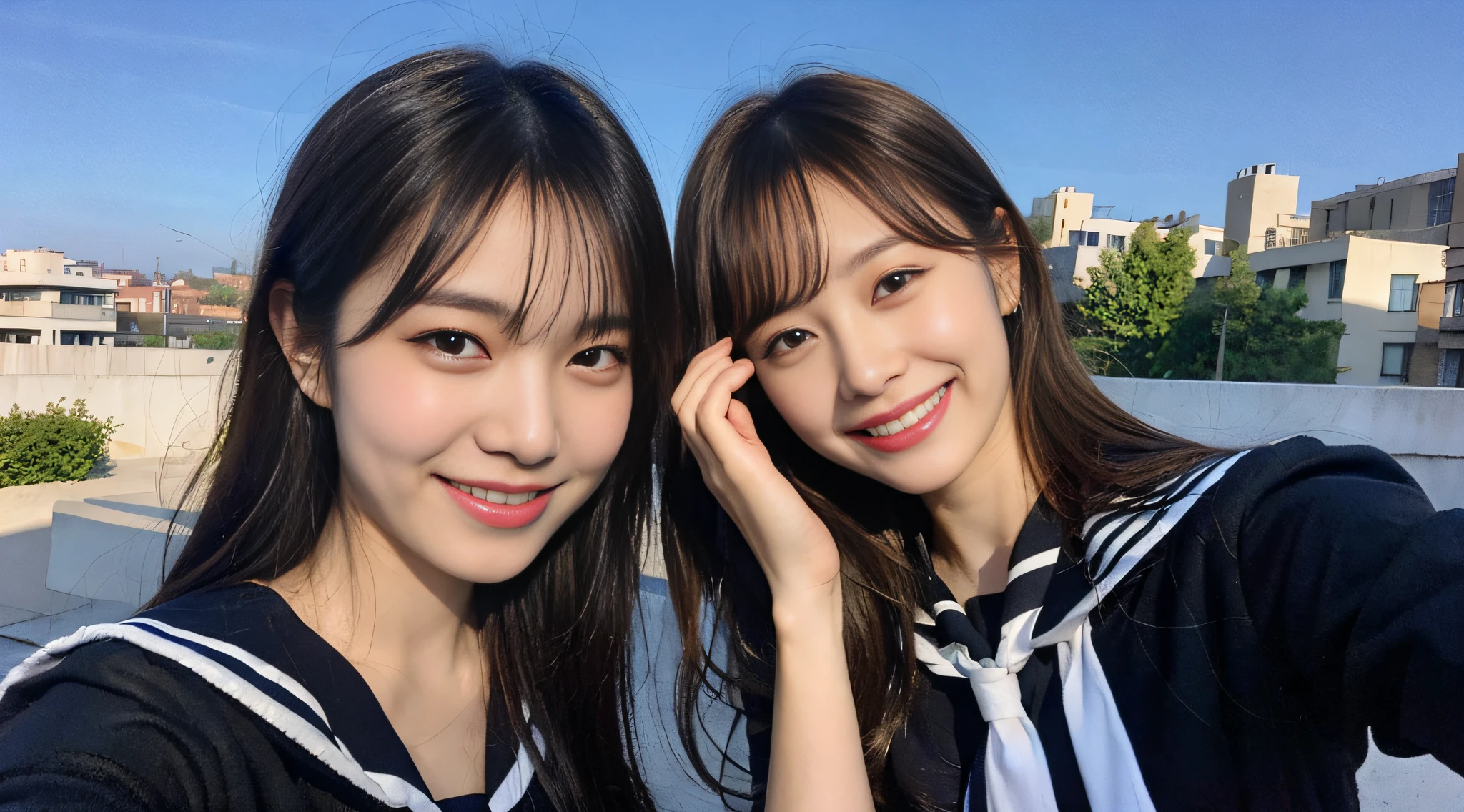 (8k, RAW photos, top quality, masterpiece: 1.2), ultra detail, super resolution, (realistic, actual photos: 1.37), (photorealistic: 1.6), eating lunch on the roof of the school. , Fantastic scenery, cute lunch box, Gakko rooftop, lunch break, fashionable school, futuristic city, school of the future, future world, fantastic world, new world, high resolution RAW color photo, professional photo, very detailed and beautiful, (pointing at the camera), real light (with both hands wide open and palm facing us), smile so much that you can see your teeth, beautiful scenery mixed with light, Very detailed sailor suit, amazingly cute female proofreading, amazing cute smile, transcendent cute face, amazing details, red scarf, very detailed beautiful girls, different pattern face, one is a ponytail, modern cute schoolgirl, very detailed face very detailed eyes, very realistic skin, very detailed fingers, very detailed nose, very detailed mouth, perfect anatomy, Highly detailed sailor suit, highly detailed background,after school,。 full of smiles, long straight hair, (dull bangs: 1.2), Celebrity level cuteness, high school girl youth (pink eye shadow)