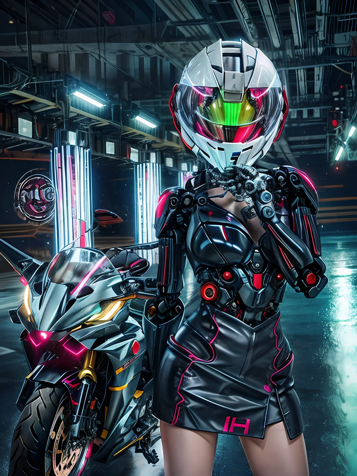 1 girl, a motorcycle, helmet, Reflective windshield, solo,
mecha, mech clothes, neon lights,
4k, best quality, masterpiece, high quality, realistic, finely detailed, ultra high res,(photorealistic:1.4),
neon, CyberpunkAI, GlowingRunes_red,
robot, roblit, mecha musume, mechanical parts, robot joints, headgear,