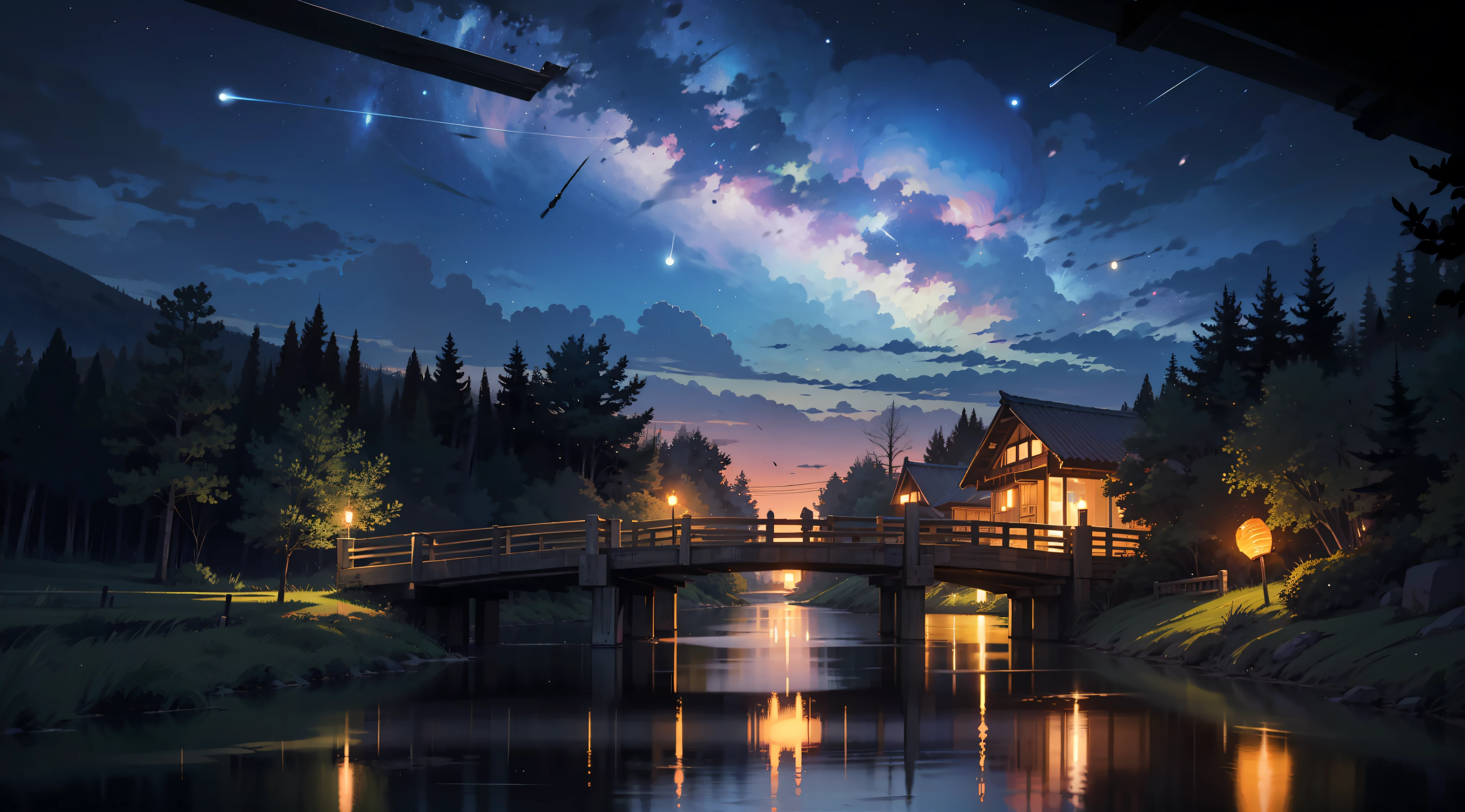 On a wooden bridge , night time , fireflies , dark , mystery , magical , mystery sky , , floading lantern , starry night sky , meteor