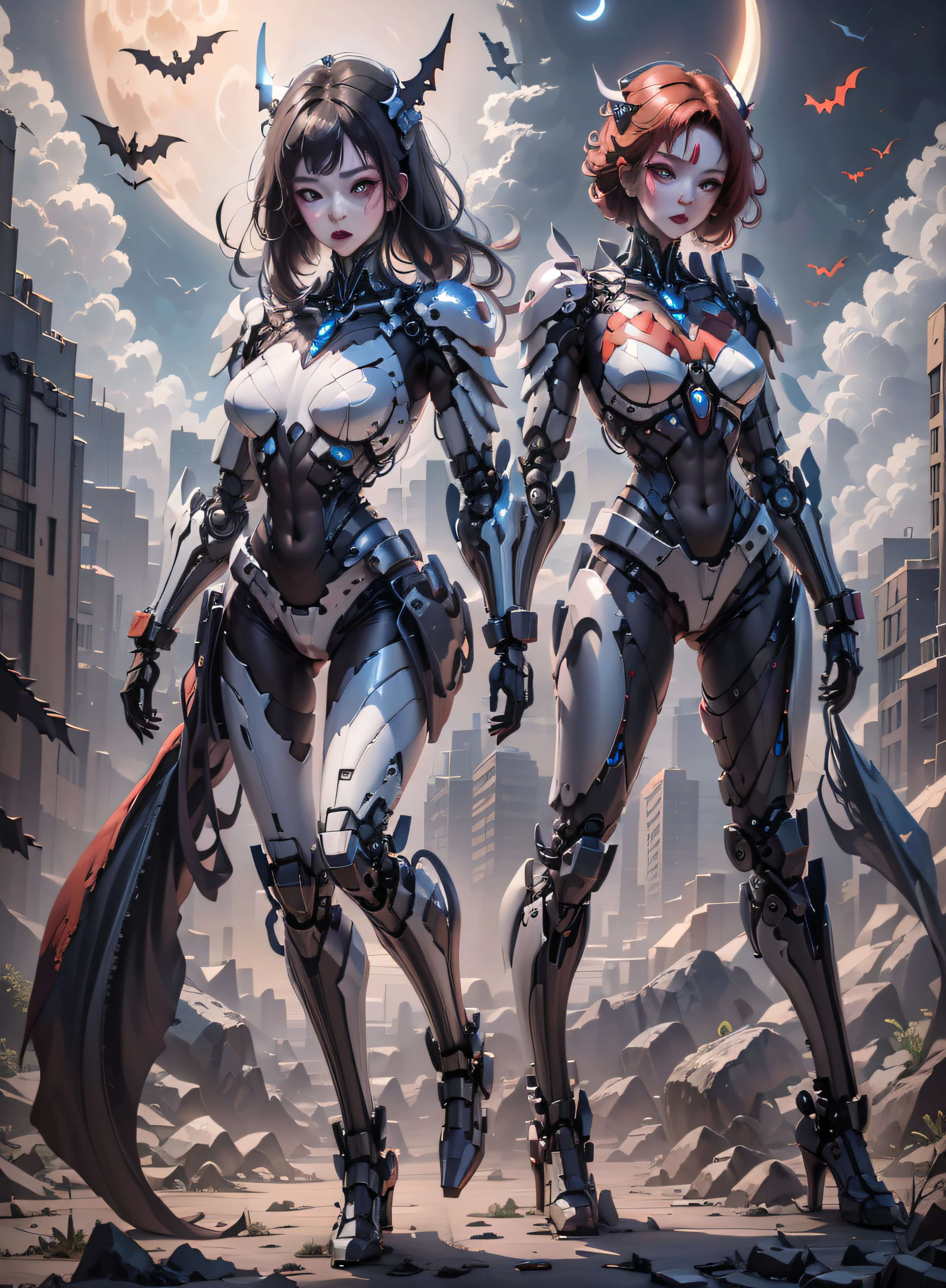 High definition (8k), Beautiful woman detailed defined body, red hair, full body sexy pose wearing batman cosplay, medium breasts, high tech blue uniform, cyberpunk, futuristic, scenery with night sky with clouds, moon, bats,