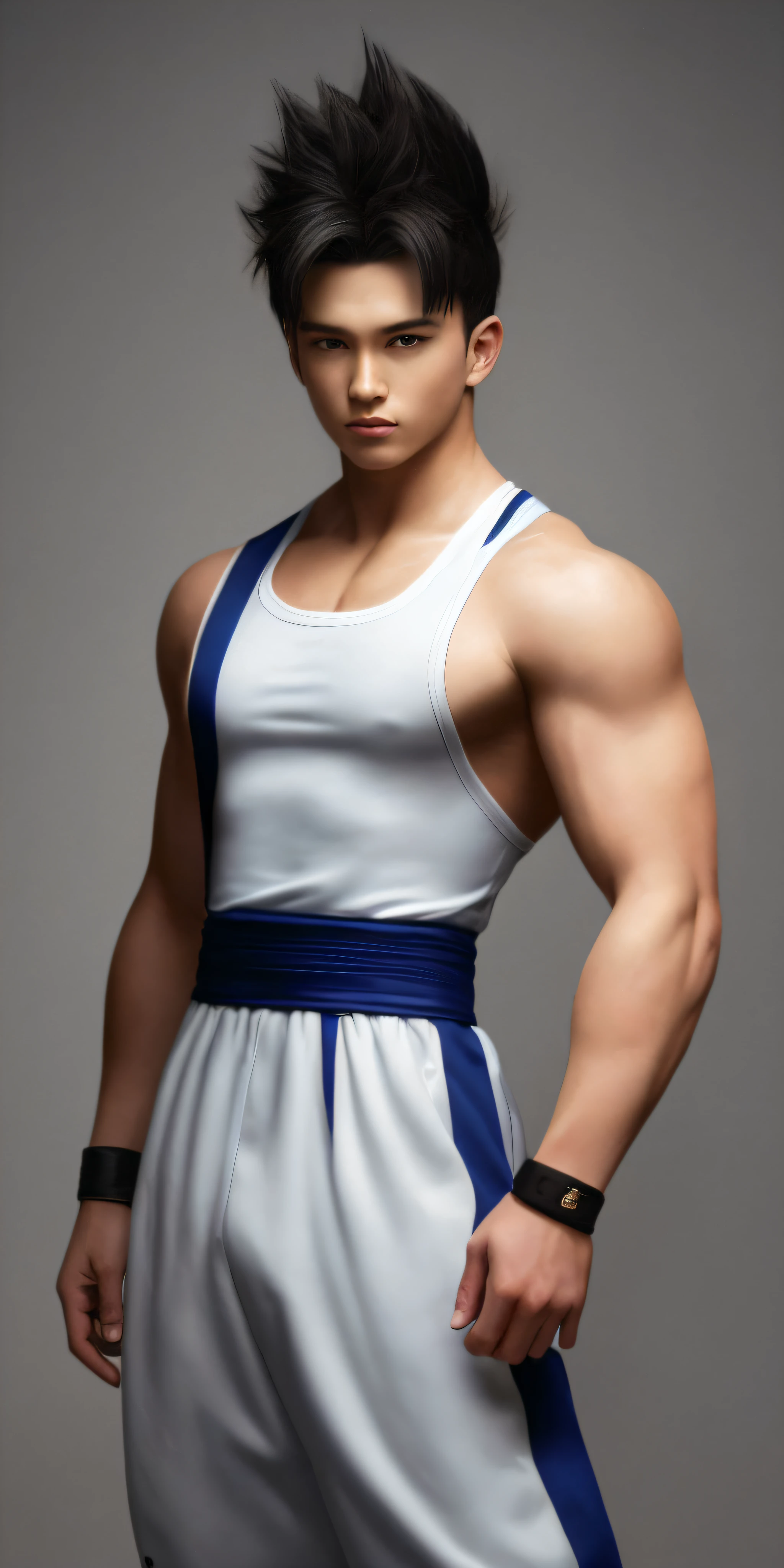"20 years old Gohan is a true masterpiece of masculine beauty, perfect anatomy. He wears a modern streetwear. When looking into his beautiful eyes, with his charming gaze, he attracts others. His eyes are on the viewer where you can clearly see every little detail and perfect lines, every fine detail of skin with 8K quality, one is drawn in by the confidence that exudes from every His head has white hair and his face has been painted with meticulous detail in 8K quality images. He is wearing a tattered white outfit after the battle, which adds more his overall confidence."
