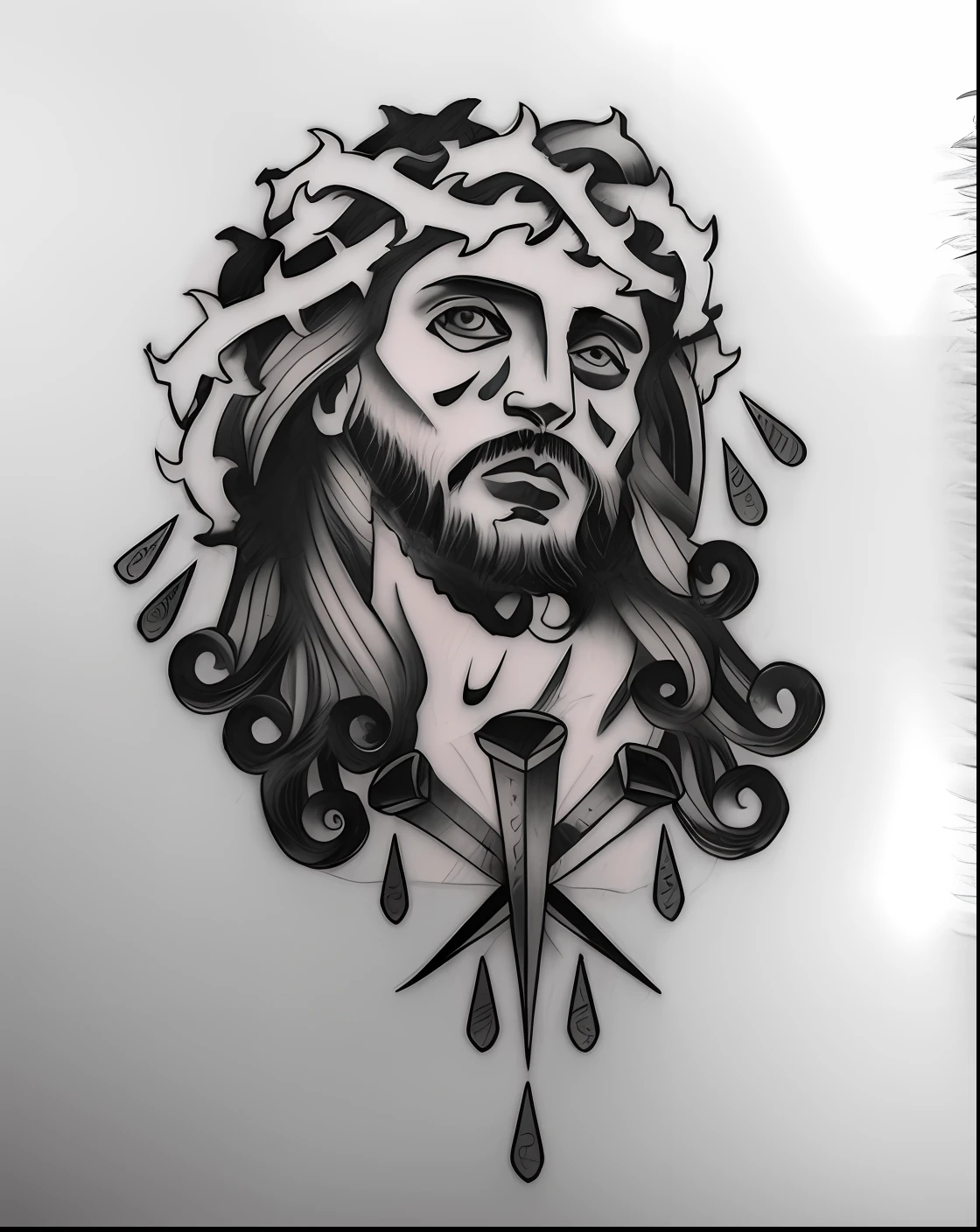 black and white drawing of jesus face with nails, jesus face, tattoo design, colorful jesus, medium tattoo sketch, line drawing tattoo, tattoo design sketch, jesus christ inspired by matia sturm, tattoo template, elaborate ink illustration, clean lines, rodney josef bourne, tattoo sketch, tattoo sketch