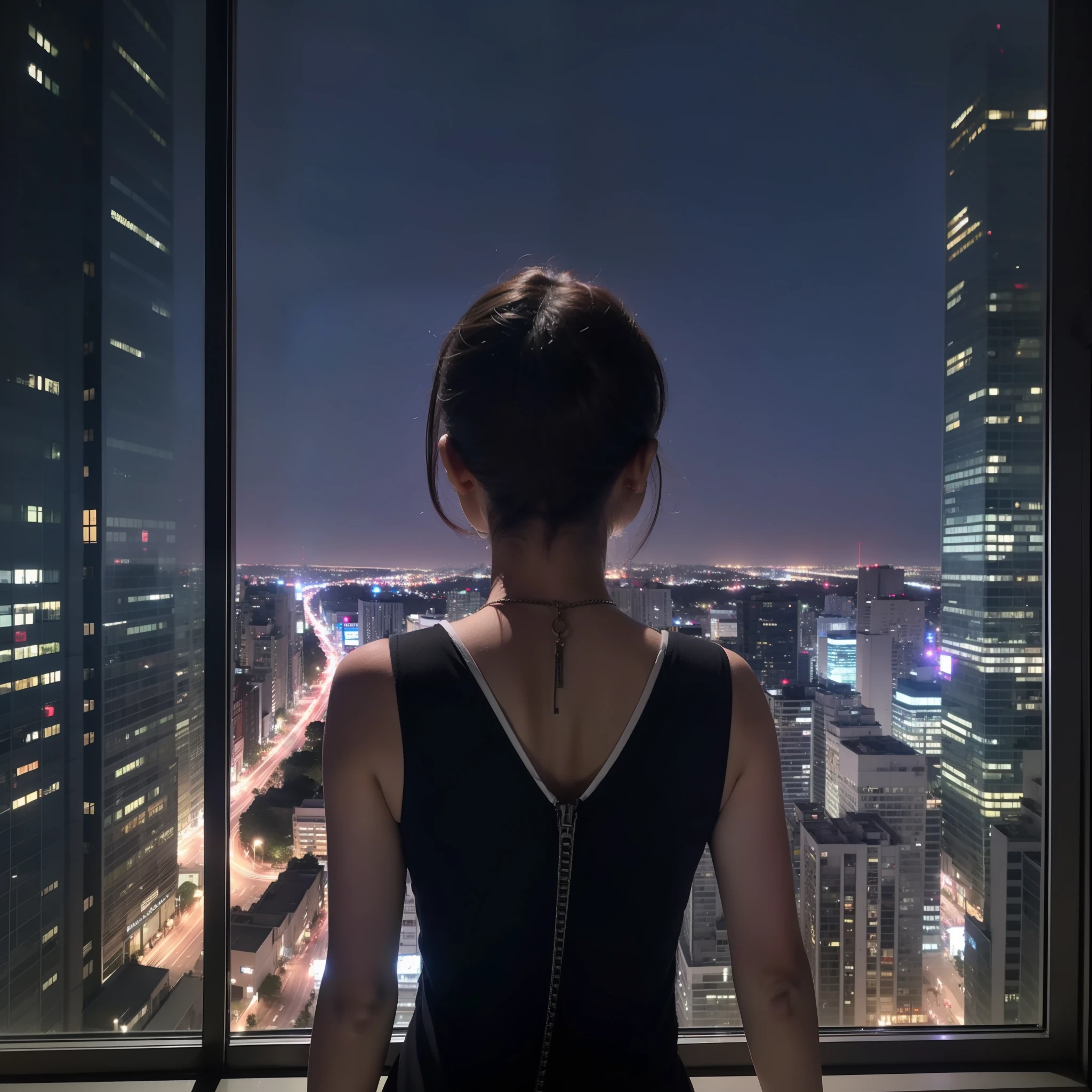 Back of girl with short hair, facing floor-to-ceiling windows, city night view, high floor overlook, thin shoulder strap vest