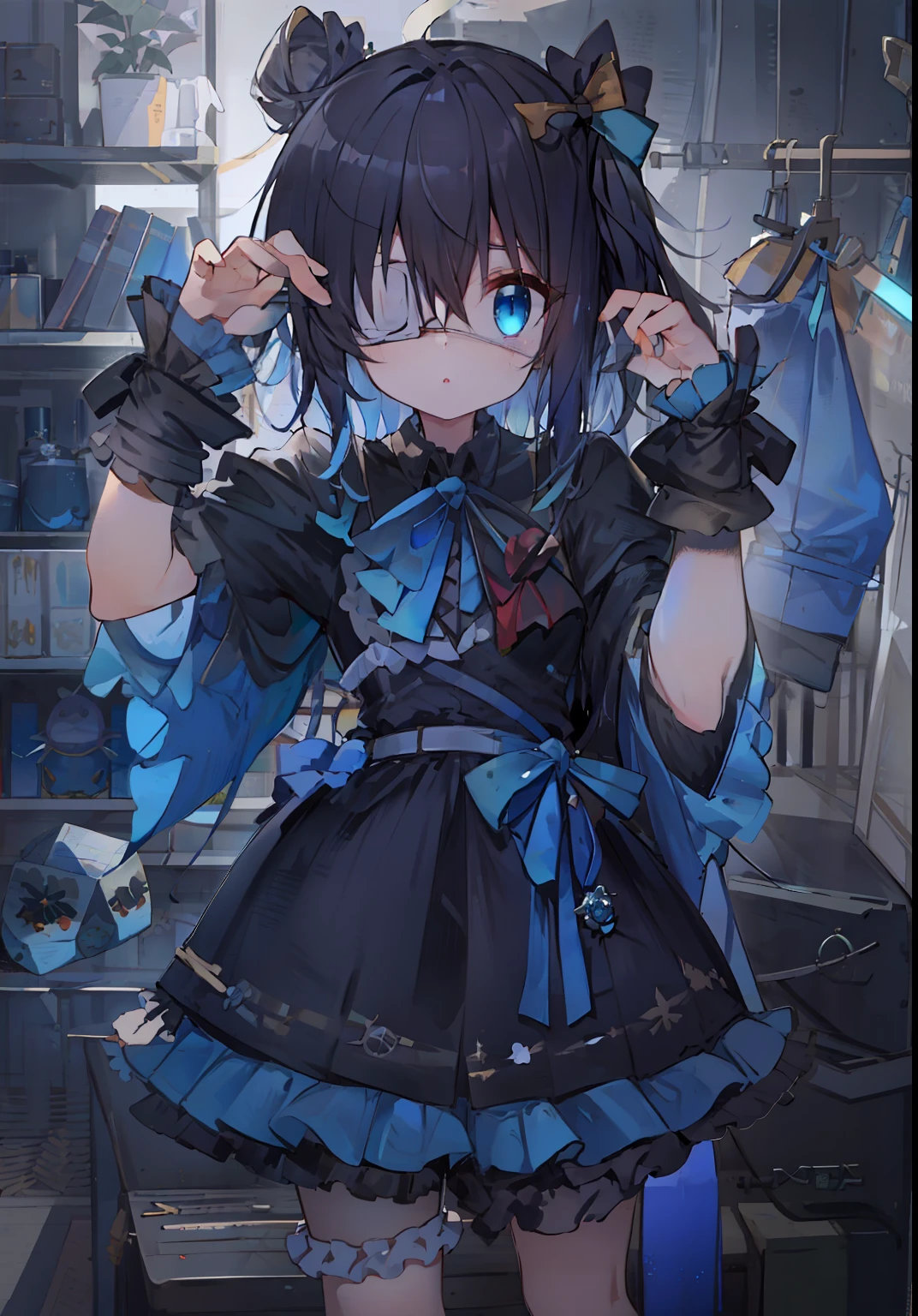 high res, masterpiece,Rikka Takanashi, black hair, solo, 1girl,outside,deatailed background, detailed eyes, ((blue eyes)), eyepatch
