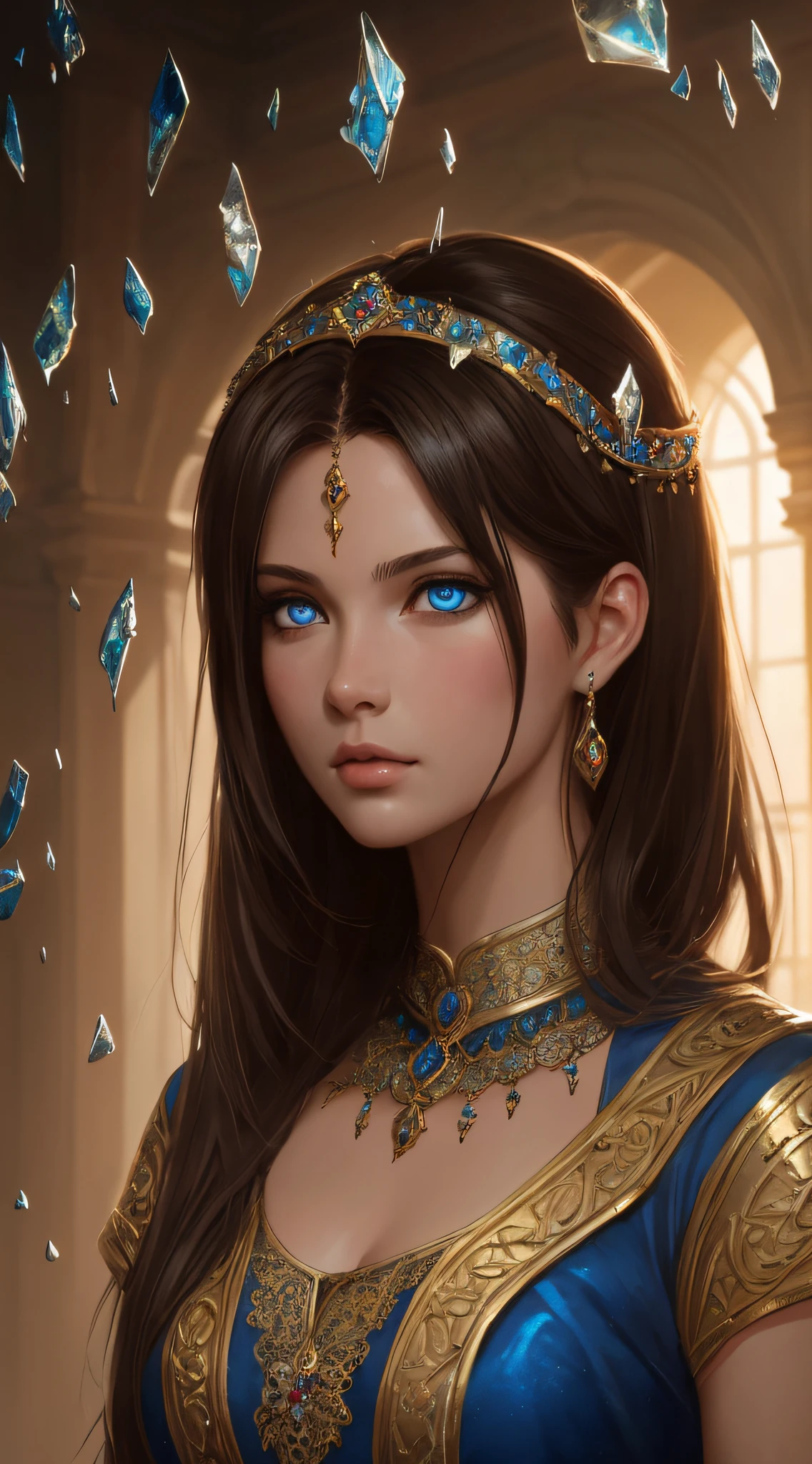 Illustration of warrior princess, 8k of a beautiful brown hair, intricate, elegant clothes, highly detailed, majestic, digital photography, art by artgerm and ruan jia and greg rutkowski surreal painting, broken glass (masterpiece, side lighting, beautiful finely detailed blue eyes: 1.2 ), hdr, --auto