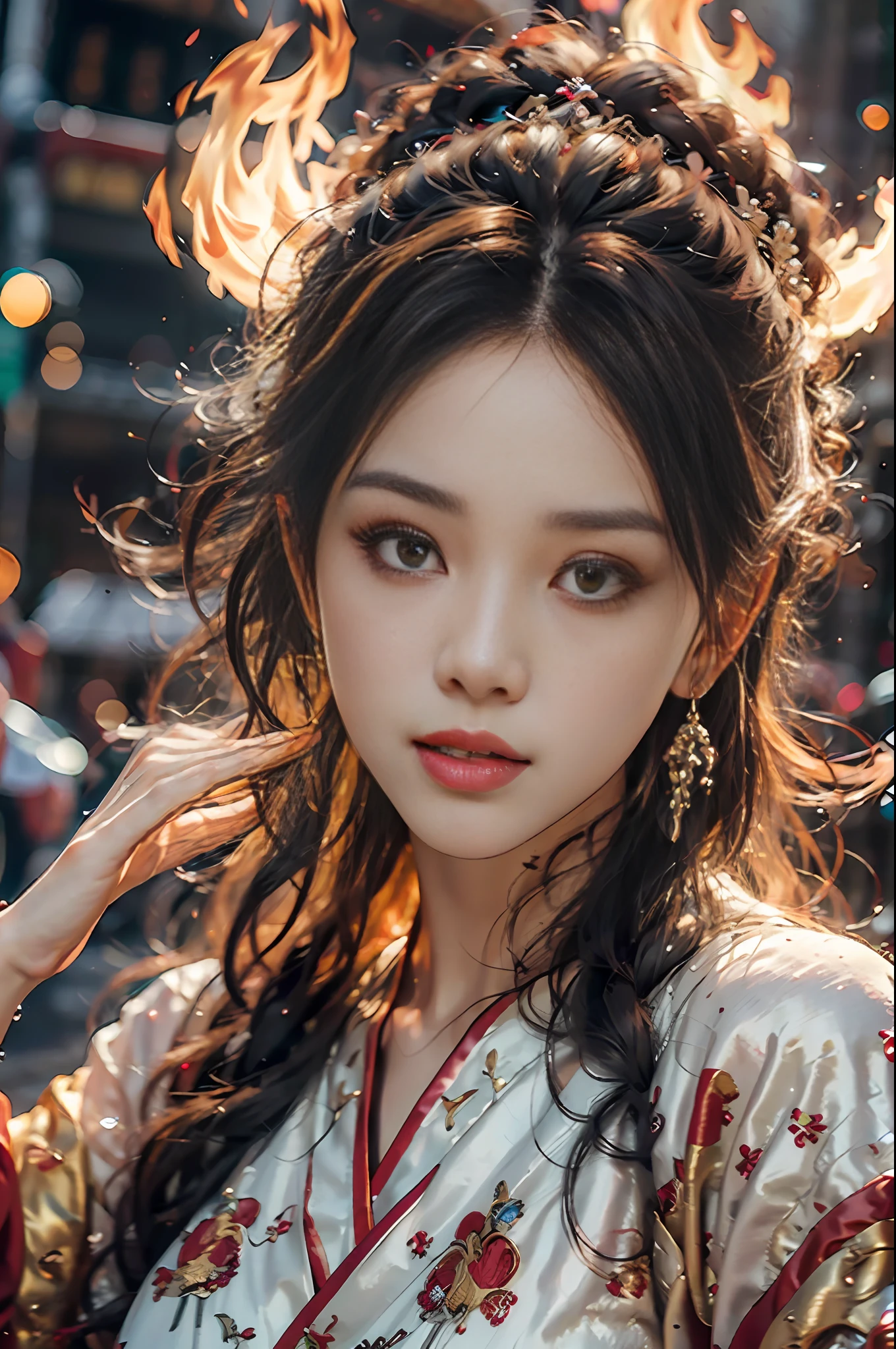 Best quality,masterpiece,ultra high res,(photorealistic:1.4)1girl,beautiful_face,detailed skin,full body,yuhuoshu,jewelry,solo,earrings,(fire:1.3),blurry,realistic,lips,