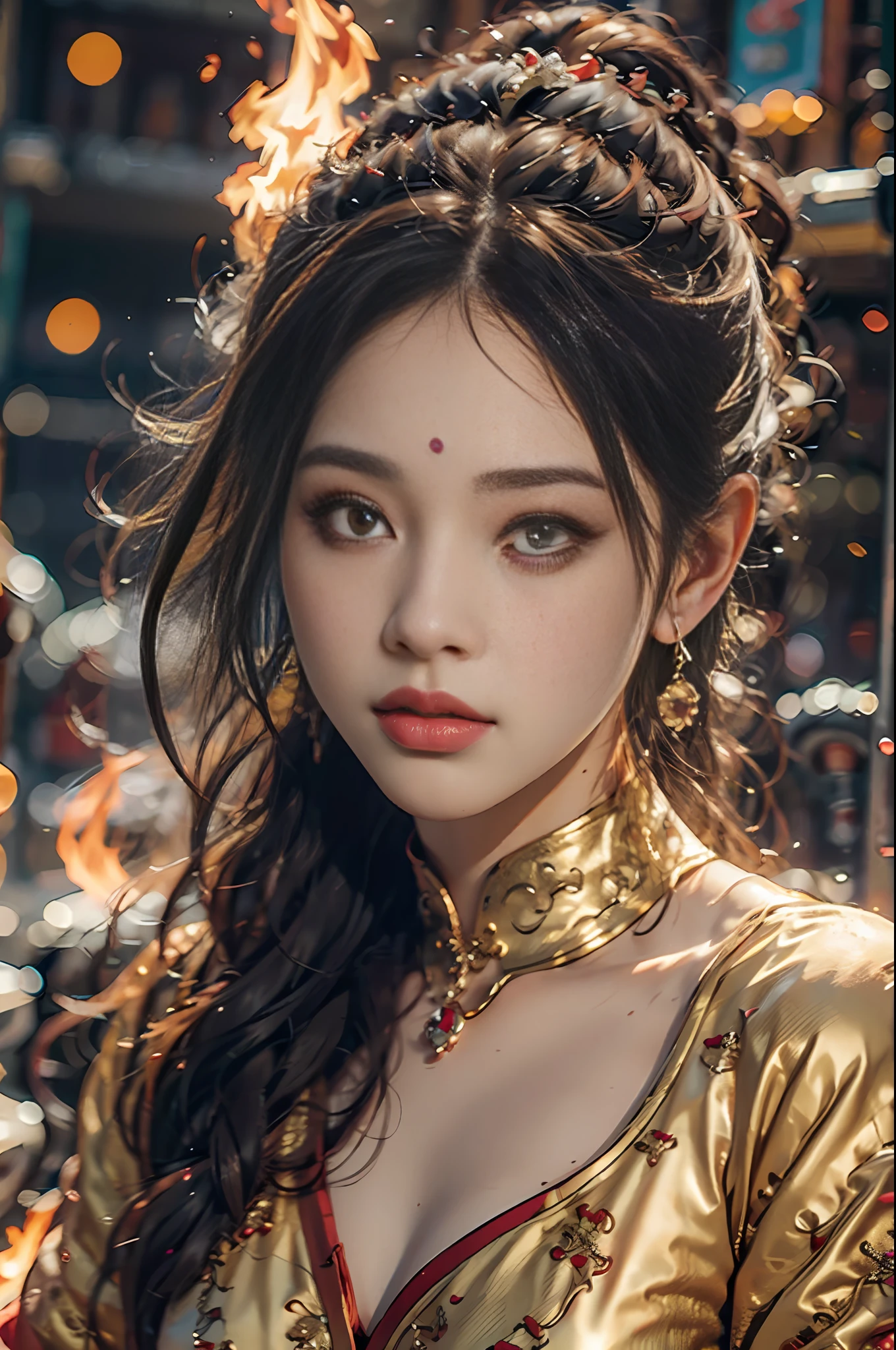 Best quality,masterpiece,ultra high res,(photorealistic:1.4)1girl,beautiful_face,detailed skin,full body,yuhuoshu,jewelry,solo,earrings,(fire:1.3),blurry,realistic,lips,