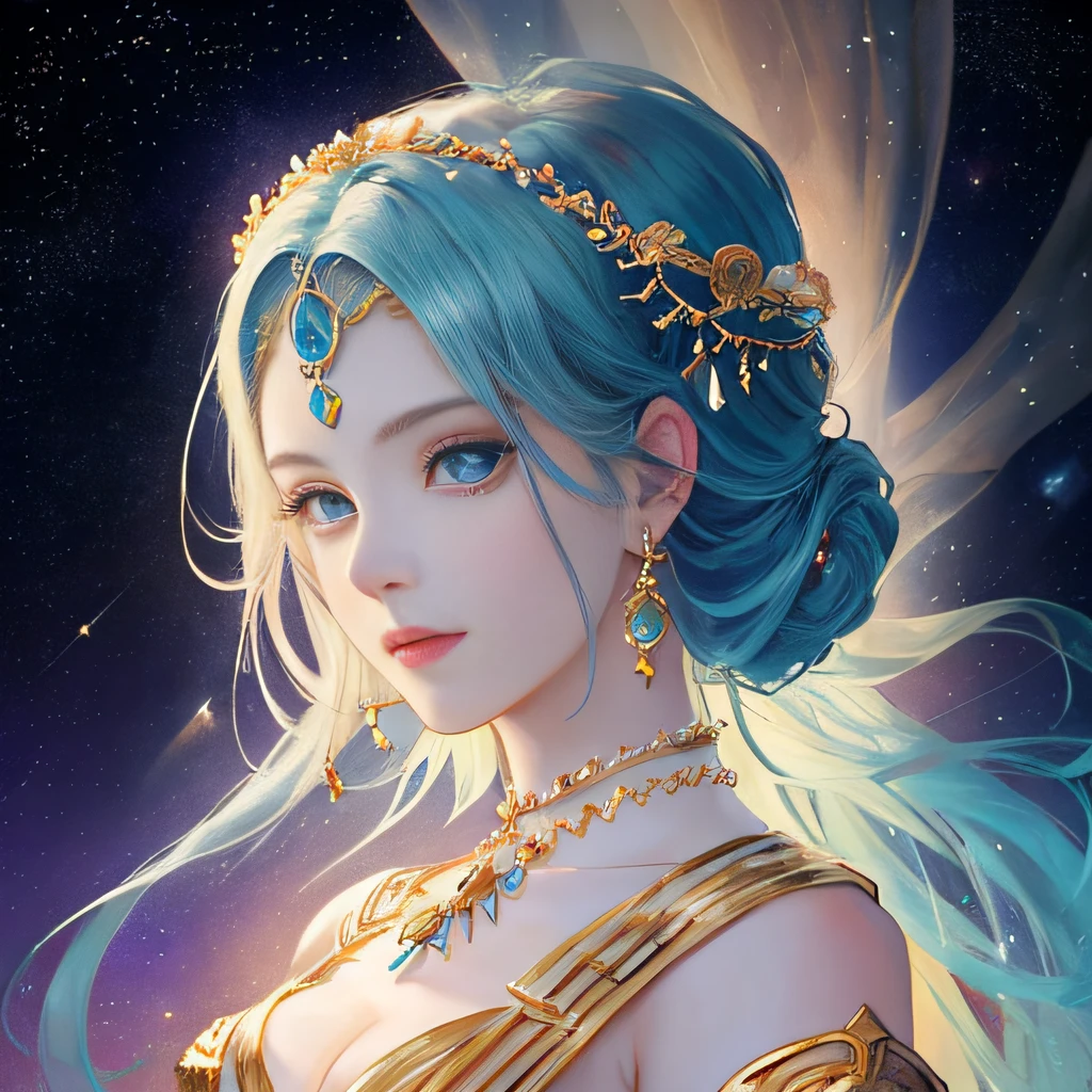 Vivid portrait of a goddess with a radiant aura of light in a dreamy astral setting. Woman with the image of Aquarius. Background to feel the universe,