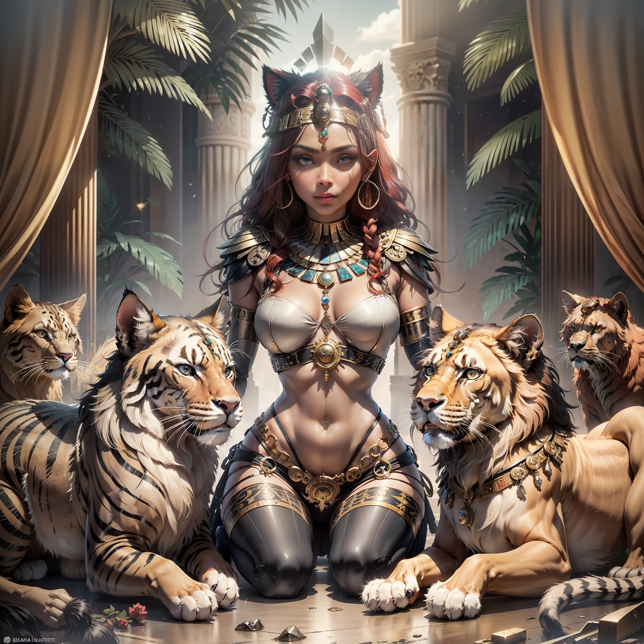 An Egyptian goddess, black skin, red hair with felines around it, goddess Sekhmet, goddess, pagan goddess, beautiful Cleopatra, goddess. Extremely high detail, high fine beautiful goddess, kemetic, goddess sekhmet beautiful goddess, goddess of war, extremely detailed goddess, goddess of wisdom, beautiful lion goddess