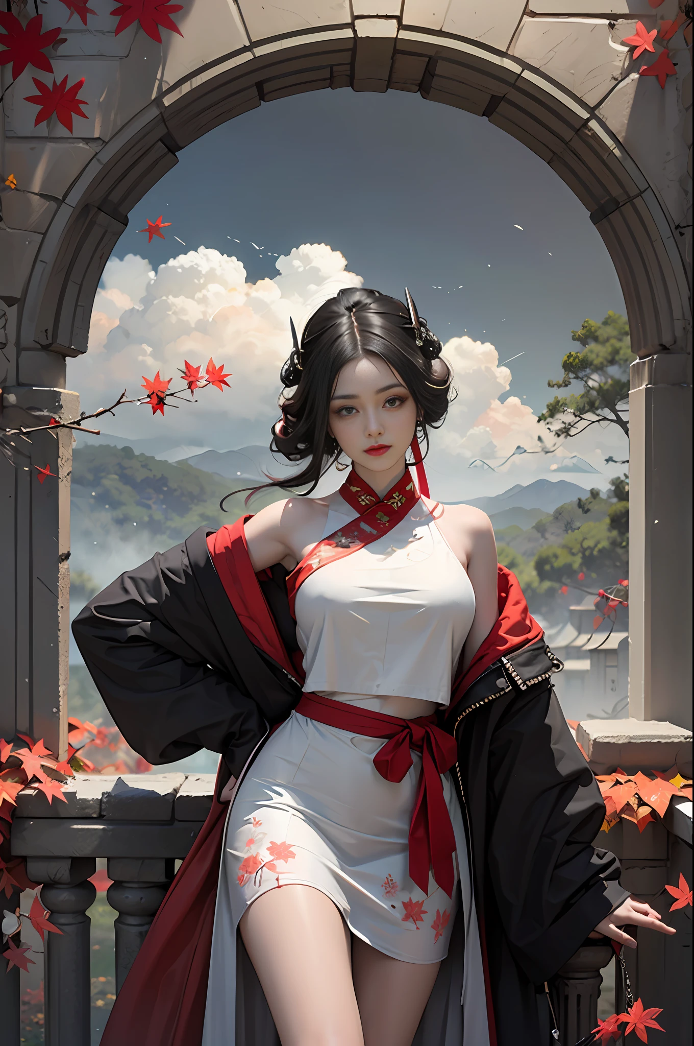Official Art, Unity 8k wallpaper, ultra-detailed, beautiful, beautiful, masterpiece, best quality, mystery, romanticism, horror, literature, art, fashion, tang dynasty era, decoration, intricate, embroidery, red hanfu, red tulle jacket, 1 girl, big breasts, black hair, red headband, red hairpin, sad, fatalistic, bust composition, dramatic composition, movie lighting, dynamic perspective, sexy, bare thighs, bare shoulders, full of temptation, red maple forest, maple leaves falling, Red maple background, cloudy mist, dramatic composition,