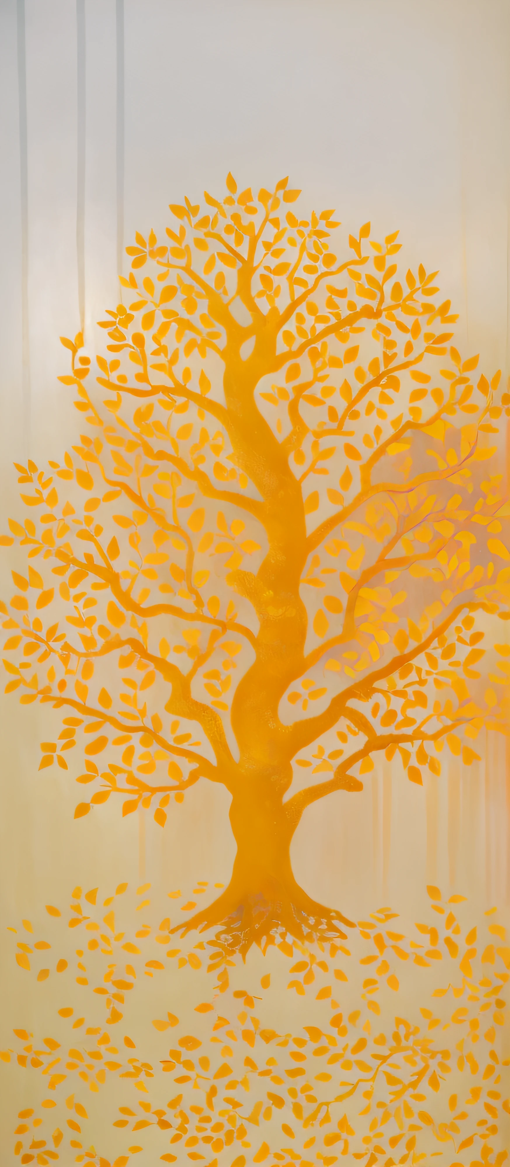 there is a painting of a tree with leaves on it, golden sacred tree, touch of gold leaf, the bodhi tree at sunset, the tree of life, gold leaf painting, by Aaron Douglas, touches of gold leaf, inspired by Eyvind Earle, rich tree, gold leaves, orange yellow ethereal, shades of gold display naturally, by Alex Katz --auto