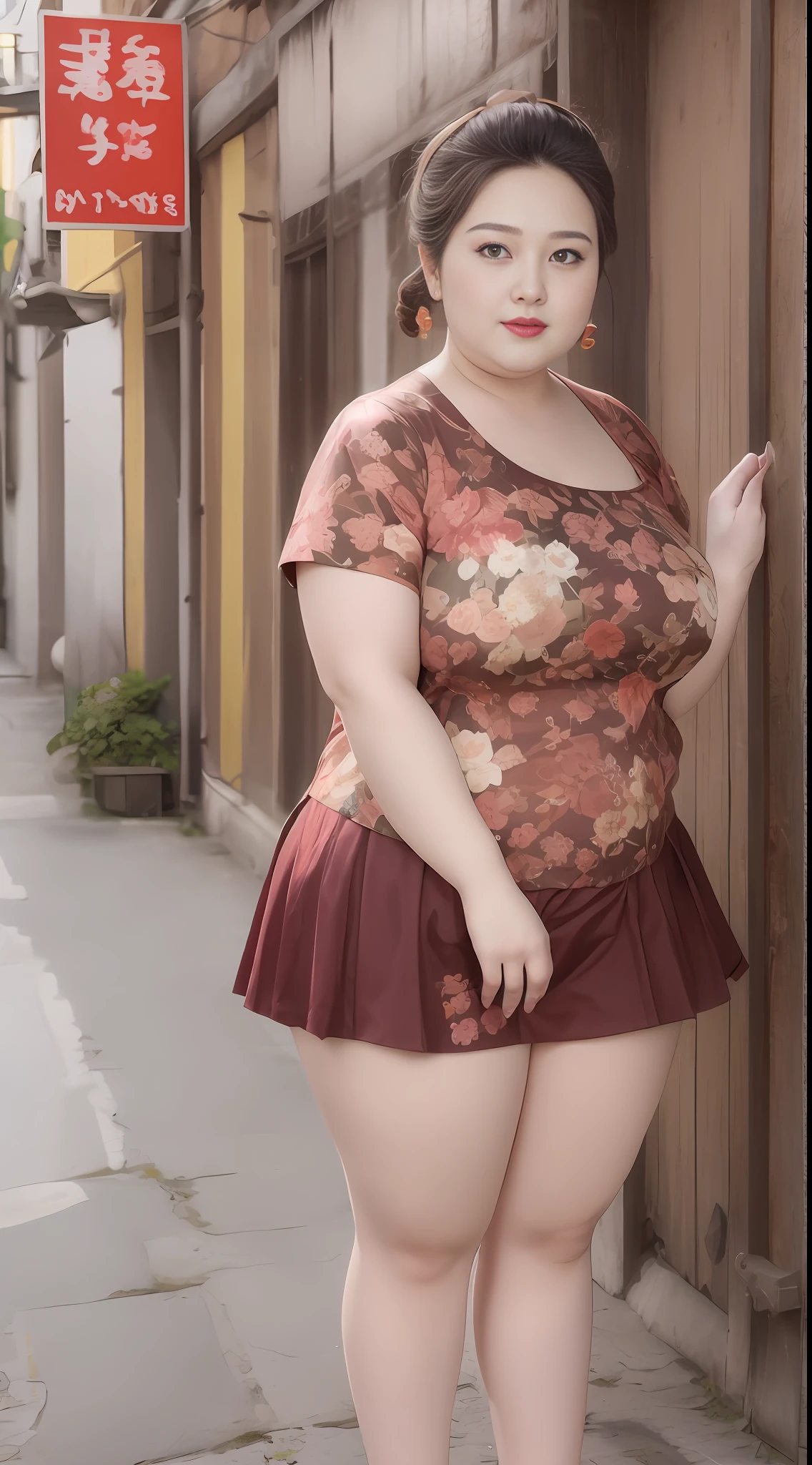 Chubby plus-size figure, height 180cm, short sleeve short skirt, sleeveless, red, flower