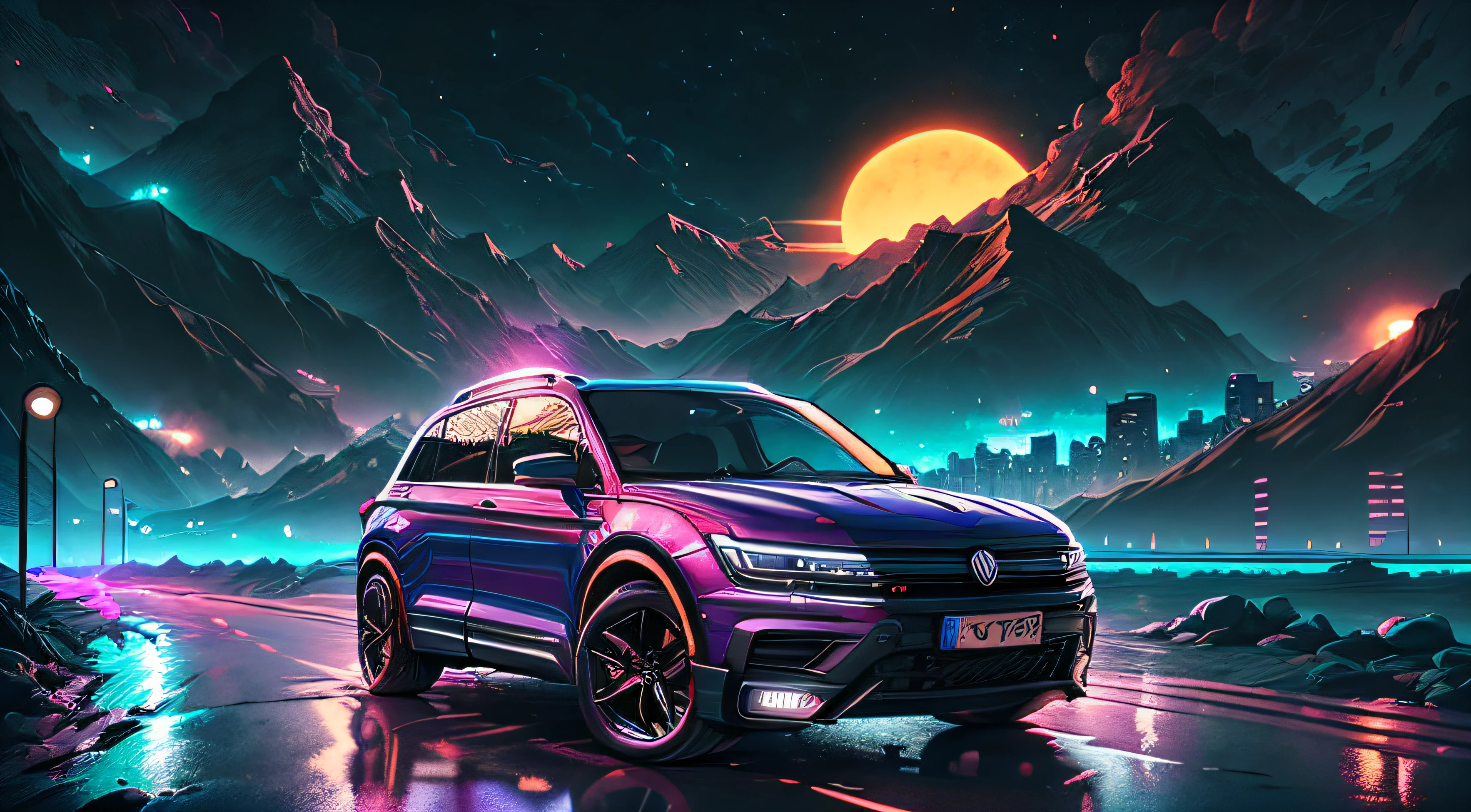 retrowave. city, 2022 vw tiguan, wide body kit, road, purple neon lights, sun, mountain,
(masterpiece, detailed, highres),