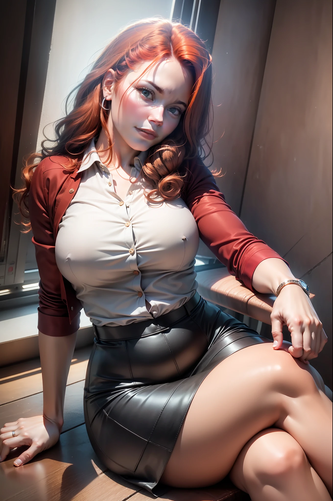 DriJen, 28 years old, office clothes, white dress shirt, rolled up to the forearm, black skirt, office with window in the background, sexy, coppery red hair, medium hair, natural medium breasts, ((hourglass figure)), ((coppery red hair)), light brown eyes, (looking at the camera), intricate details, light eyes, natural light, beautiful face, unbelievable intricate details, dark shadows, (office illuminated by daylight), real lighting, volumetric lighting, (ultra skin texture) realistic, best quality, photorealistic 8k, best quality, masterpiece, realistic, photorealistic, full body, crossed legs, medium hair, 28 years old.