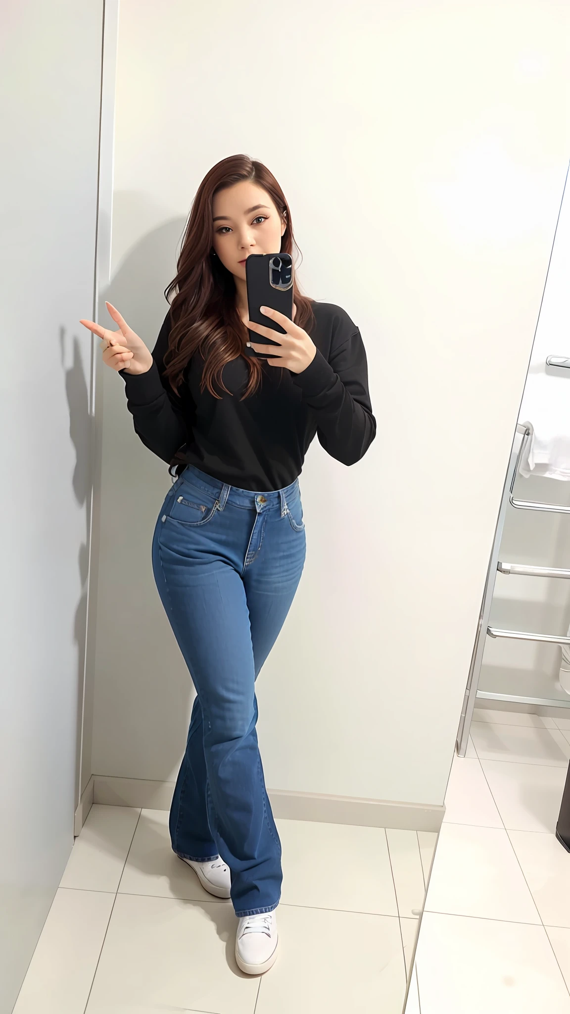 There's a woman taking a selfie in a bathroom mirror, front pose, full body photo, full body!, whole body!, Panties only, panties, full body!, full body!!!!, casual pose, satisfied pose, whole body! Beautiful face, middle body photo, clothing photo, wearing jeans and a black sweatshirt, ( ( ( ( wearing jeans ) )