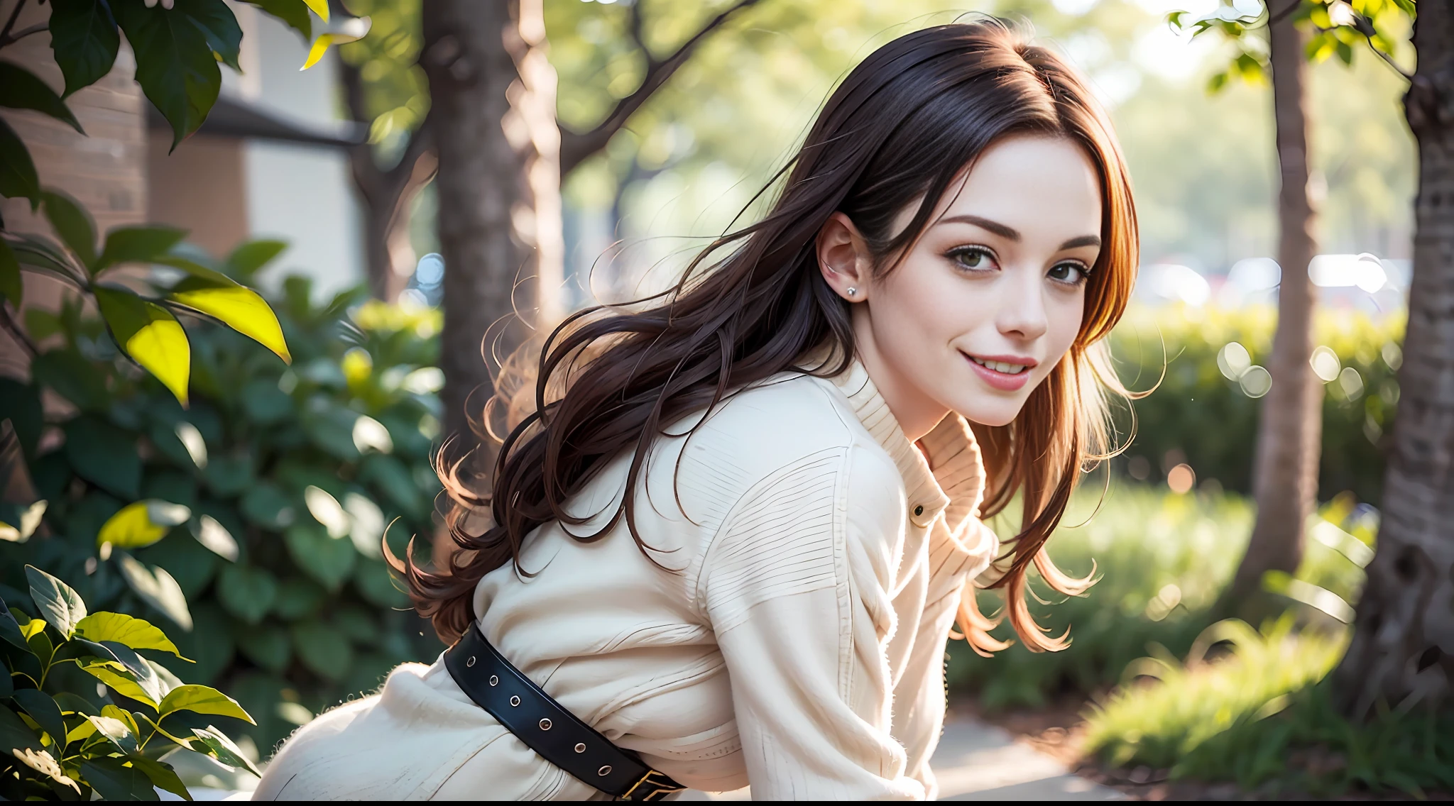 Raw photo, (best quality, 8k, master piece, :1.3)), clear focus: 1.2, (Anne Hathaway: 1.1), (stylish outfit: 1.3), nice smile, small, slender